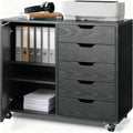 5-Drawer Wood Drawer Cabinet, Office Storage Cabinet with Adjustable Shelf & Wheels, Printer Stand for Home Office, Black, 15.7" D x 30.7" W x 25.4" H