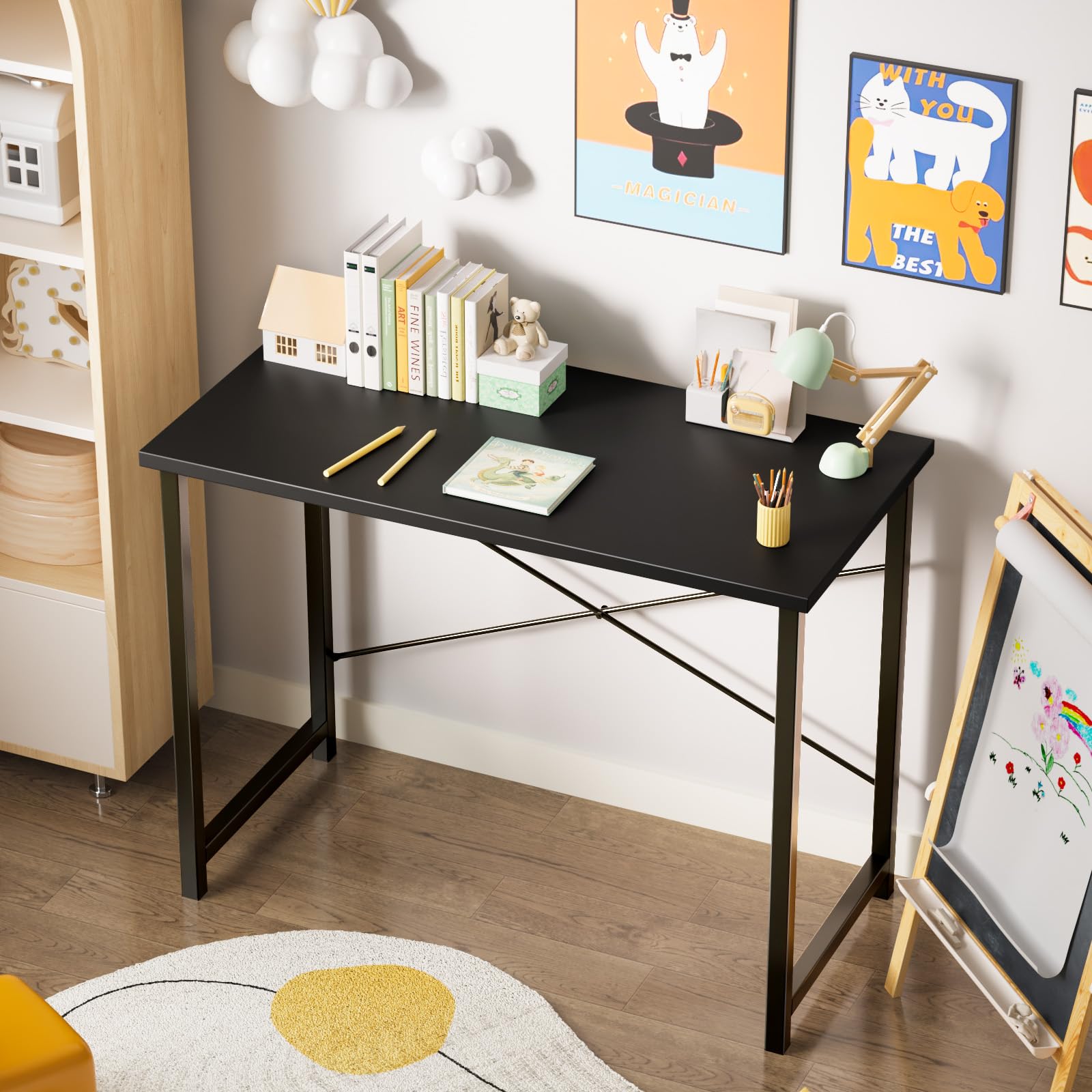 Computer Office Desk 48 Inch Student Study Writing Work with Metal Frame Wood Tabletop Modern Simple PC Home Bedroom Table - Basic Black, Compact Sturdy Desk for Laptop, Study, Gaming