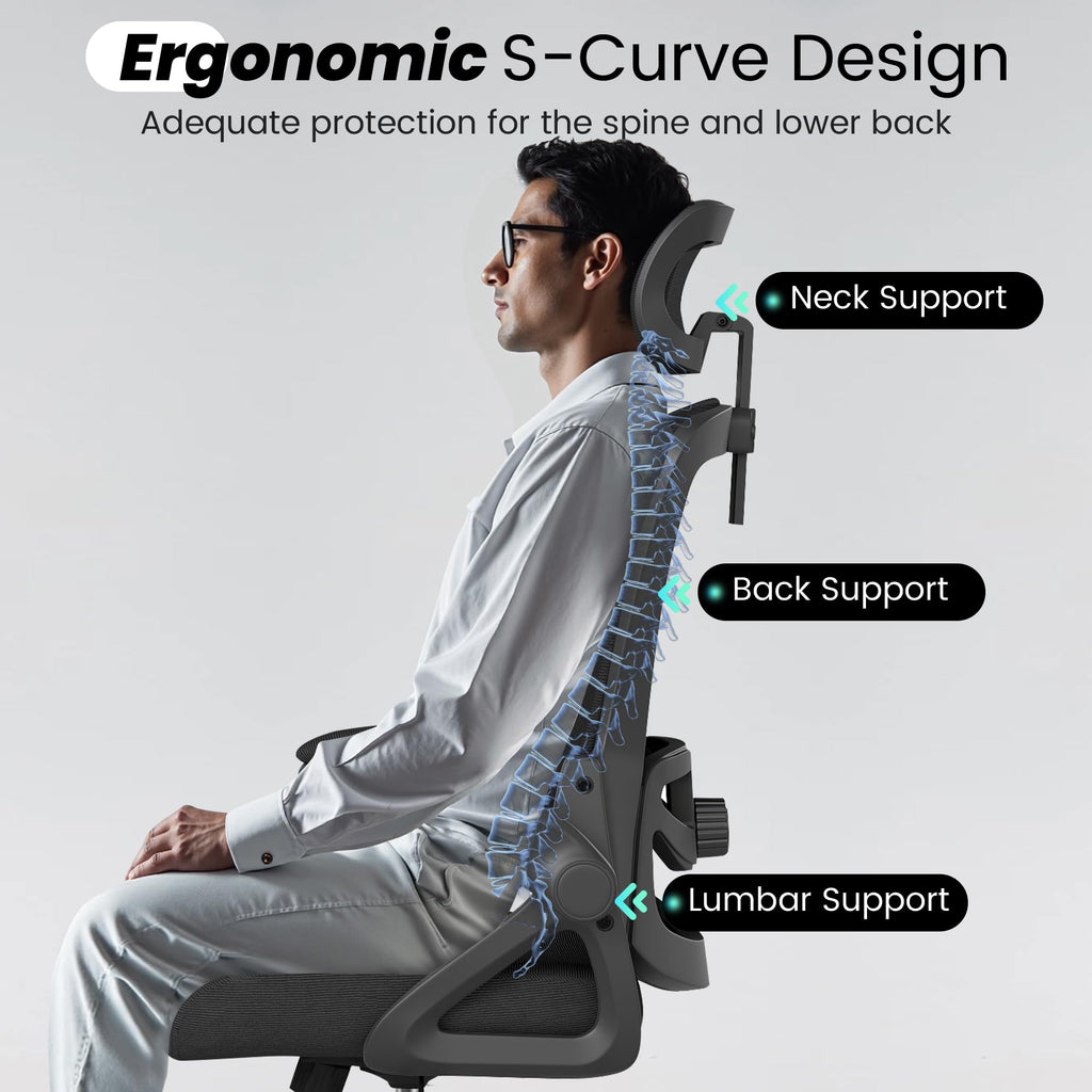 Office Chair, Ergonomic Office Chair with High Back Mesh and Adjustable Lumbar Support, Home Mesh Office Desk Chairs with Wheels, Comfortable Gaming Chair for Long Hours (Deep Black)