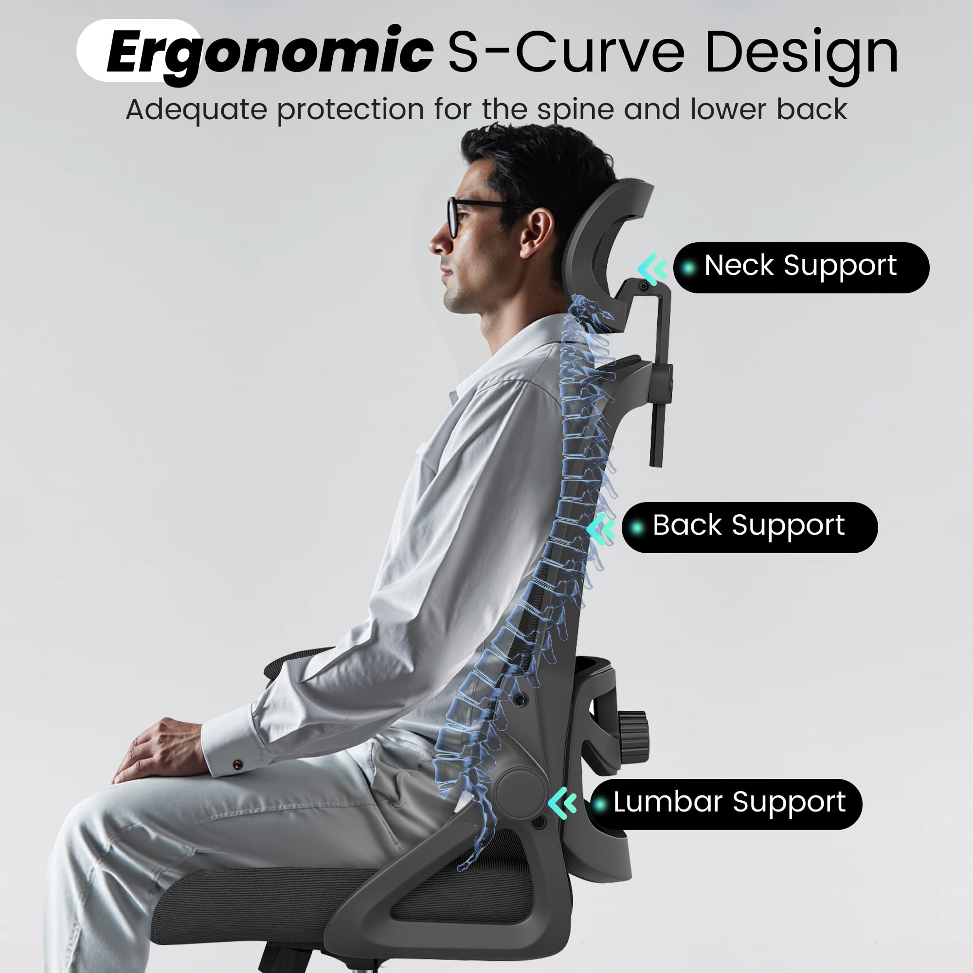 Office Chair, Ergonomic Office Chair with High Back Mesh and Adjustable Lumbar Support, Home Mesh Office Desk Chairs with Wheels, Comfortable Gaming Chair for Long Hours (Deep Black)