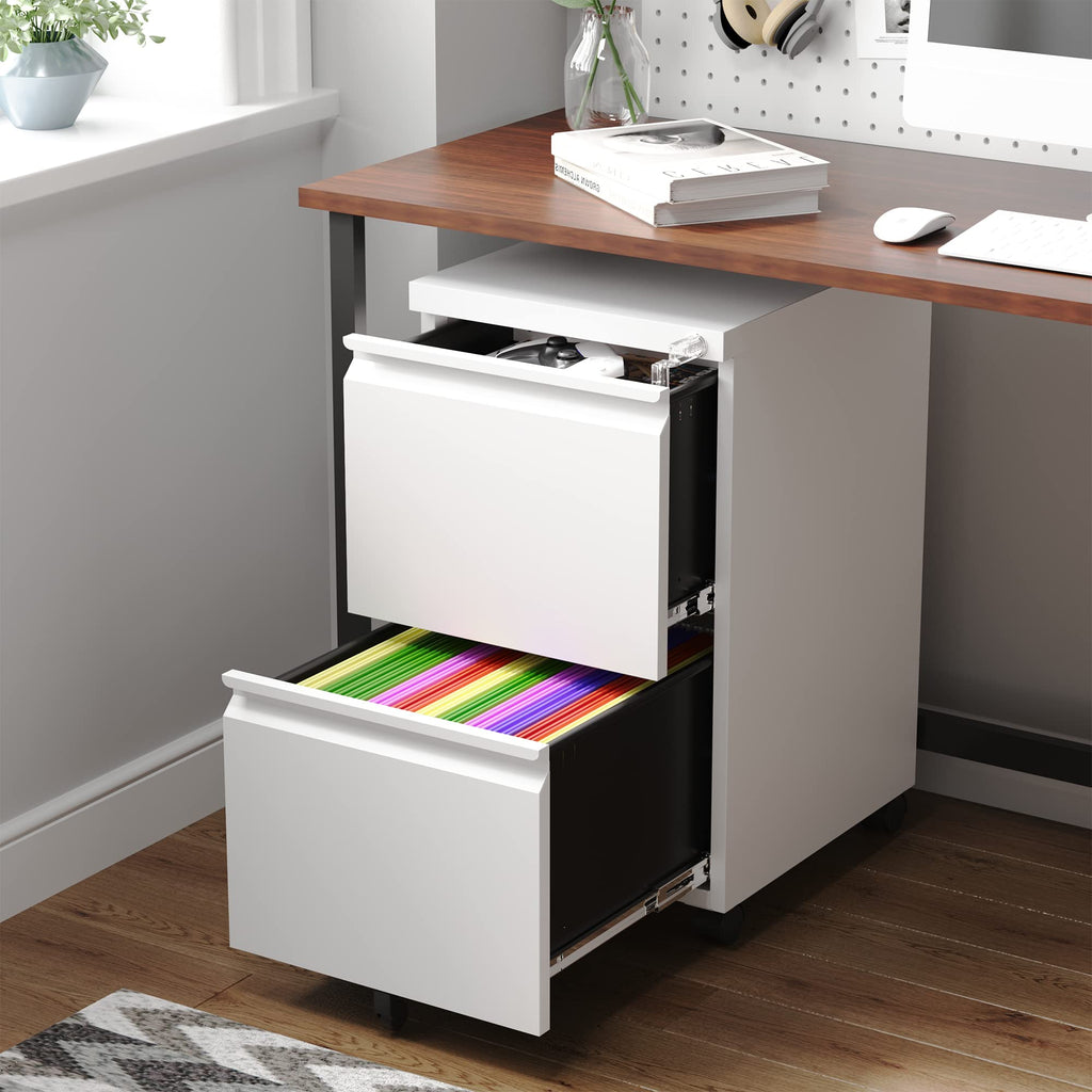2 Drawer Mobile File Cabinet with Lock,Under Desk Metal Filing Cabinets for Home Office Organizer Letters/Legal/A4(Fully Assembled-White)