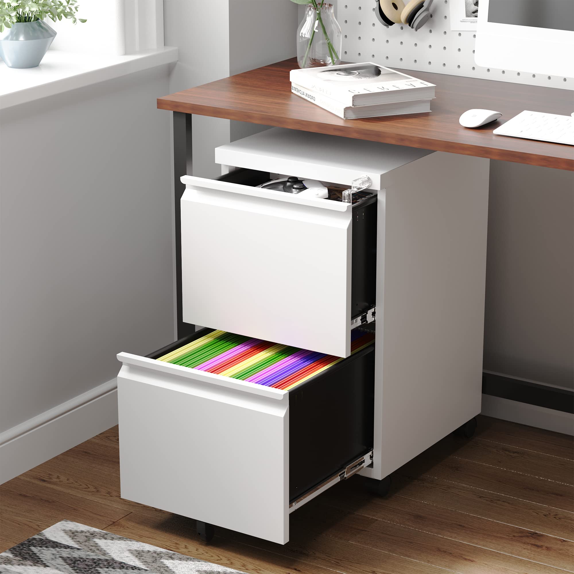 2 Drawer Mobile File Cabinet with Lock,Under Desk Metal Filing Cabinets for Home Office Organizer Letters/Legal/A4(Fully Assembled-White)