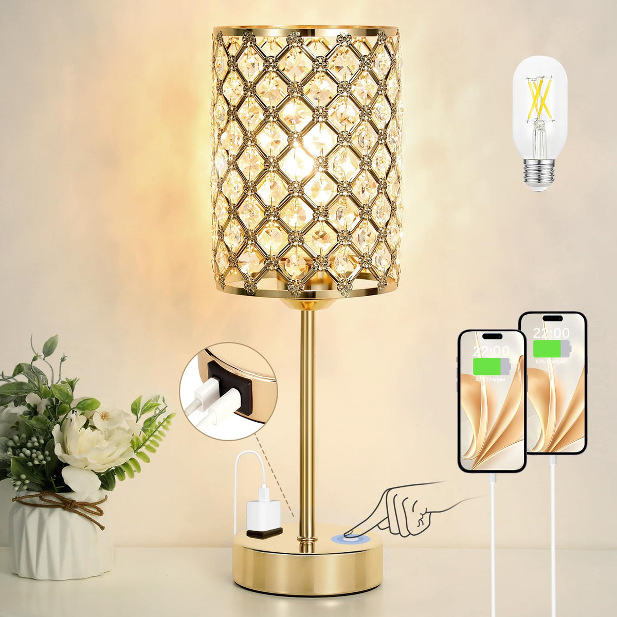 Gold Lamps for Night Stands, Crystal Table Lamp with Touch Control