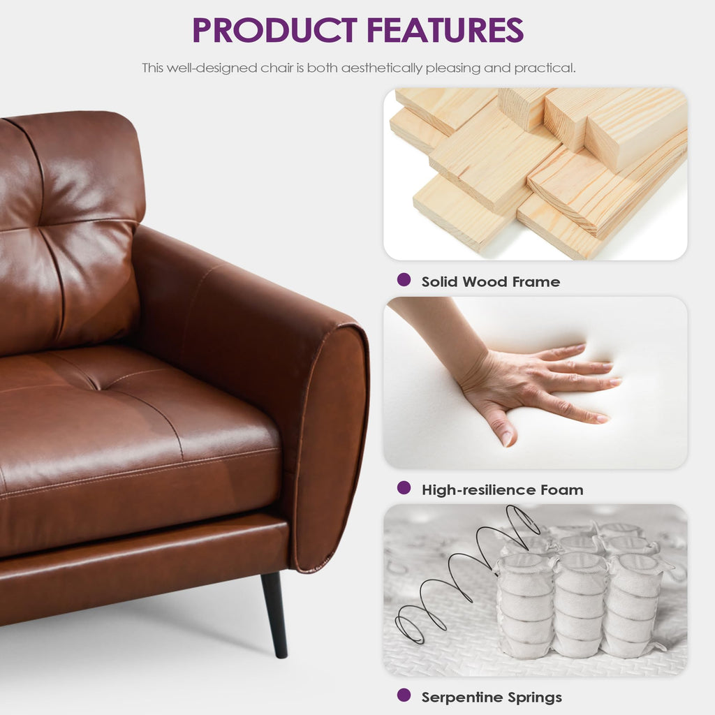 Sofa Couch 61" Small Loveseat Couches for Living Room Leather Couch Mid Century Modern Tufted Mini Sofa Comfy Office 2 Seat Settee Love Seat Bedroom (2, Brown)