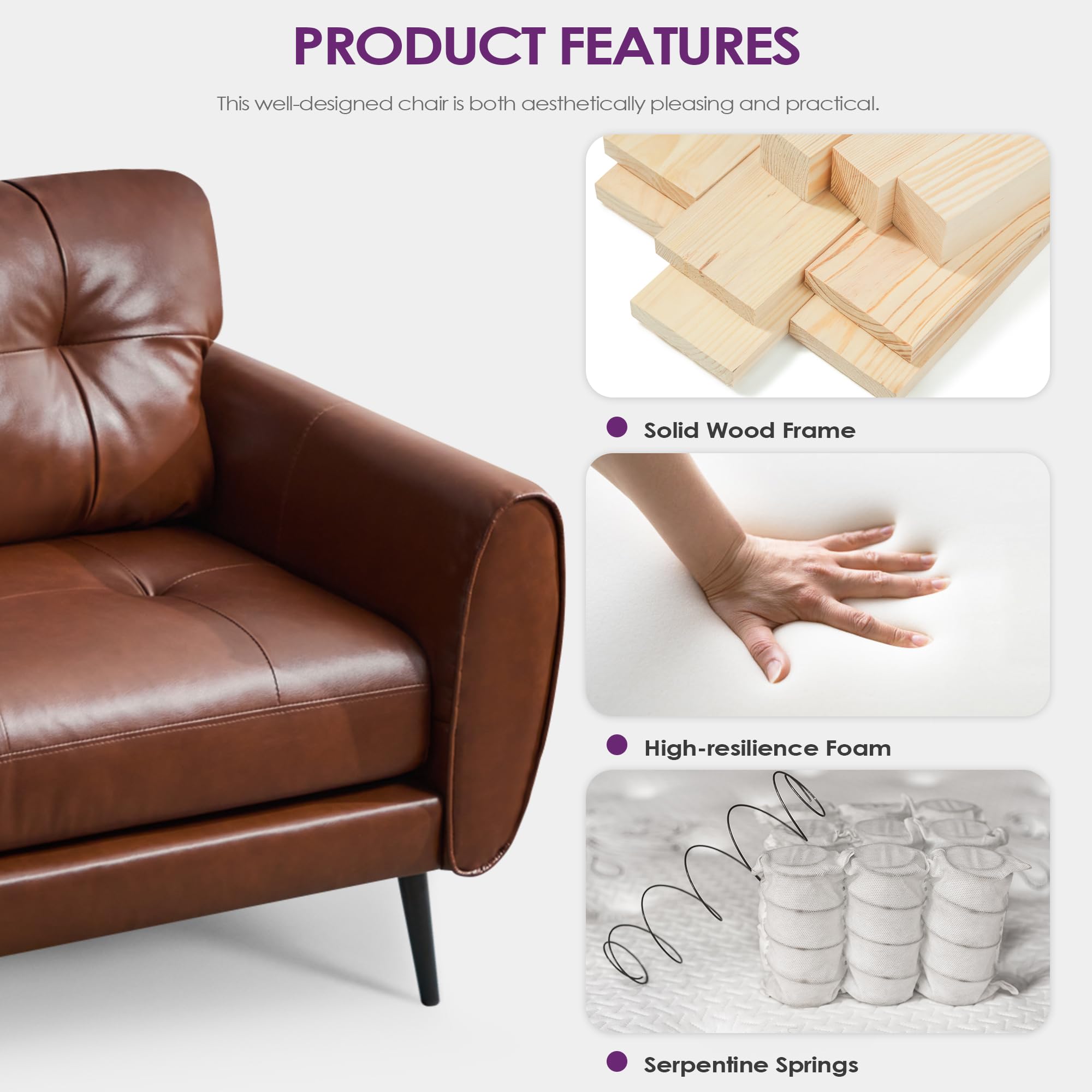 Sofa Couch 61" Small Loveseat Couches for Living Room Leather Couch Mid Century Modern Tufted Mini Sofa Comfy Office 2 Seat Settee Love Seat Bedroom (2, Brown)