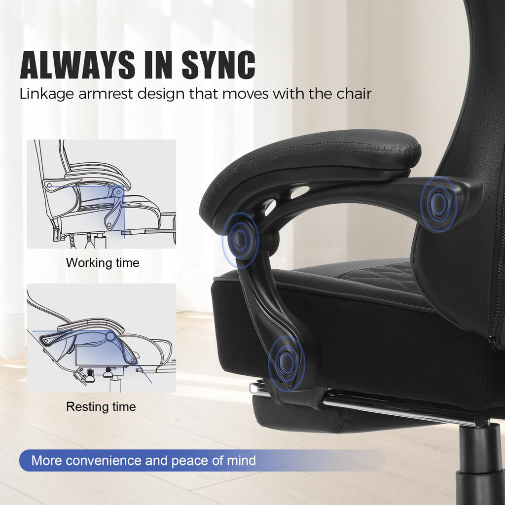 Big and Tall Gaming Chair with Footrest, Ergonomic Office Desk Chair with 4.4in Thick Cushion and Wide Wingless Seat, Comfortable Leather Computer Chair, Predator Series, Satin Black