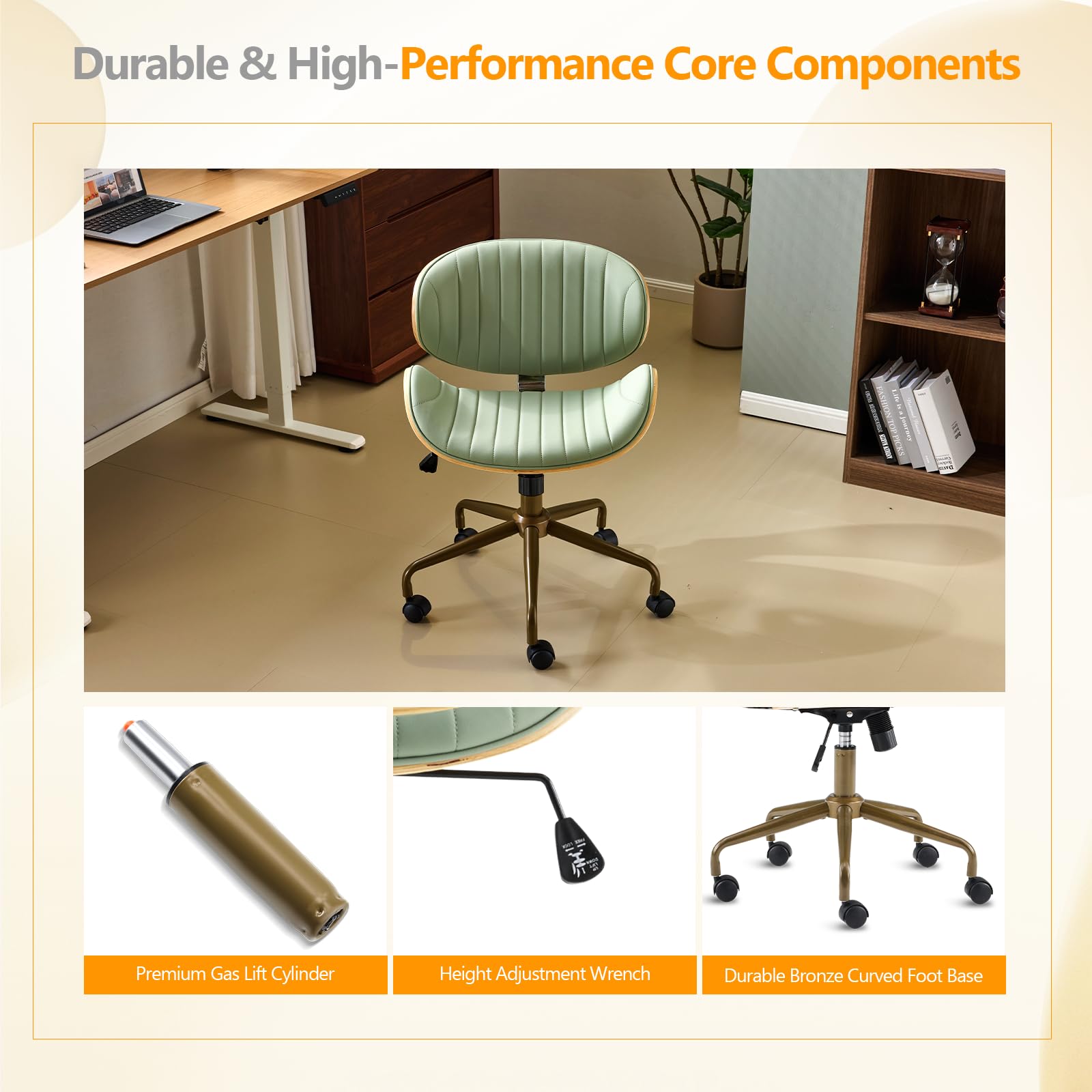 Wide Comfotable Swivel Home Office Chair with Wood-Grain Curved Shell,Ergomomic Mid-Back Padded Armless Rolling Desk Chair with Wheels,Height Adjustable for Computer,Task,Work,PU Leather,Green