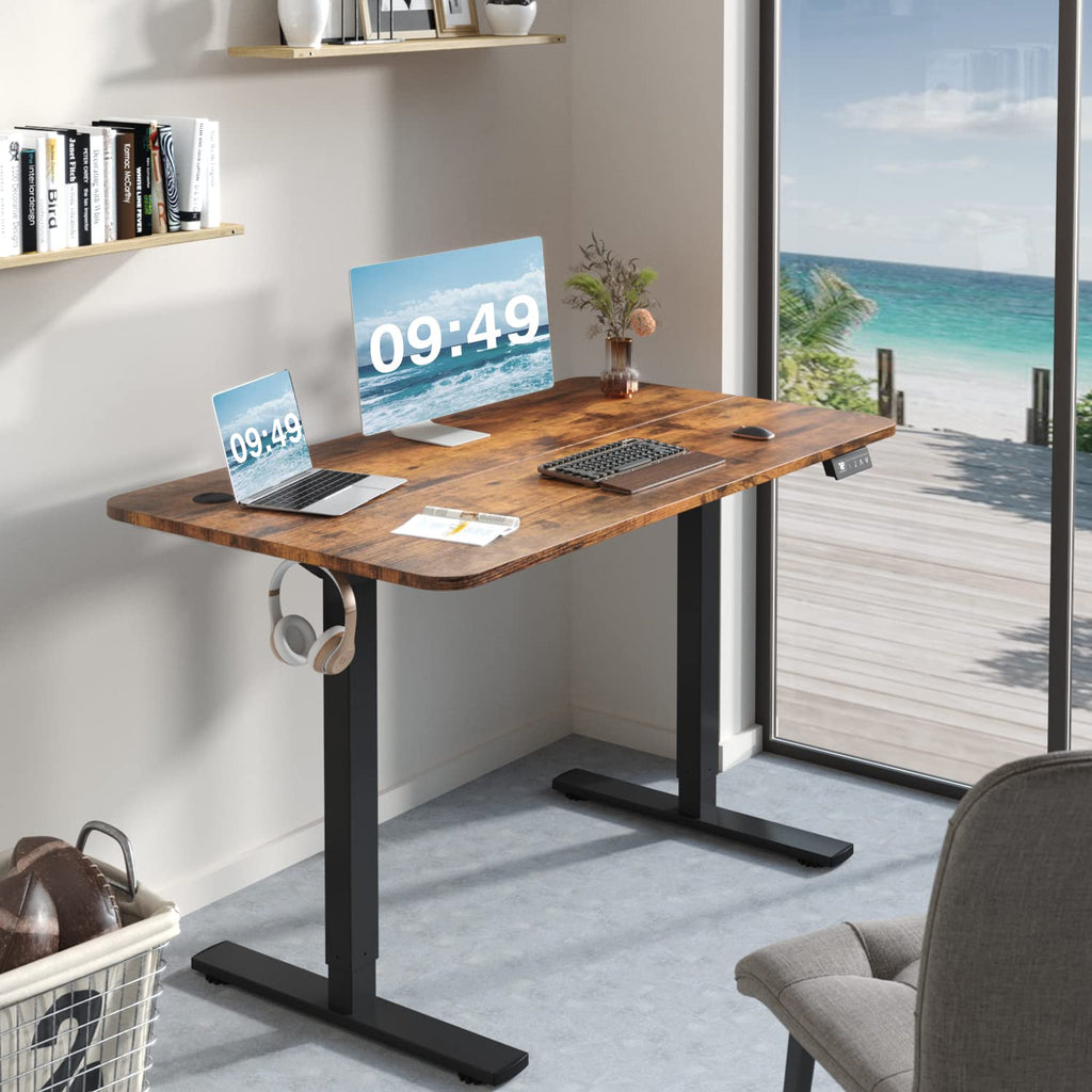 Electric Height Adjustable Standing Desk Large 48 x 24 Inches Sit Stand up Desk Home Office Computer Desk Memory Preset with T-Shaped Metal Bracke, Brown