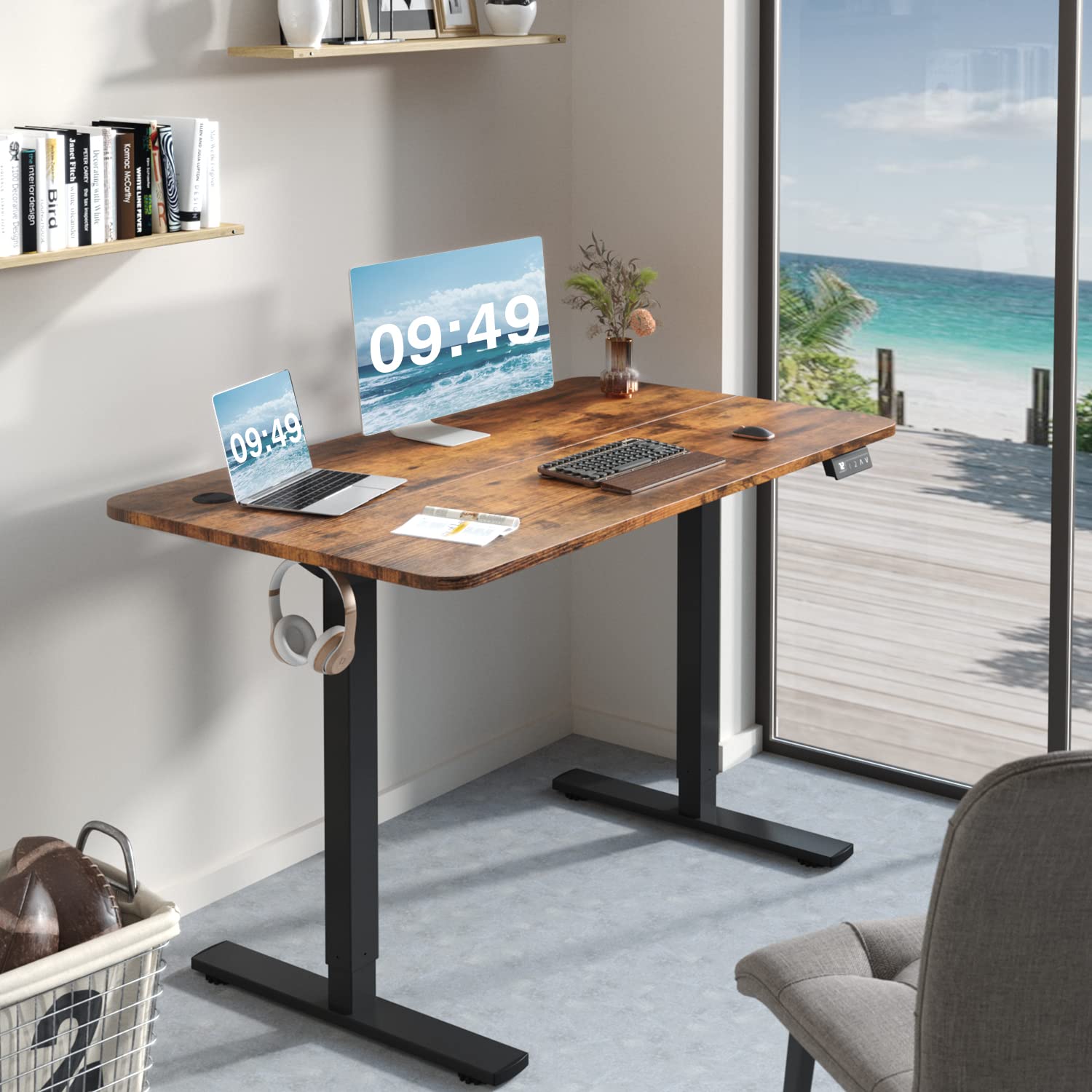 Electric Height Adjustable Standing Desk Large 48 x 24 Inches Sit Stand up Desk Home Office Computer Desk Memory Preset with T-Shaped Metal Bracke, Brown