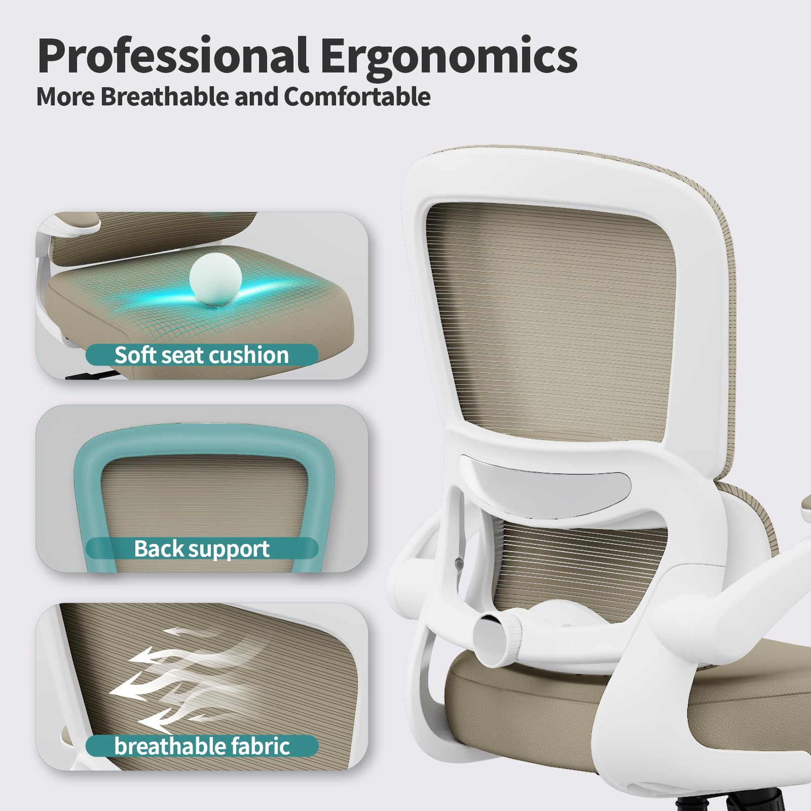 Office Chair - Ergonomic Desk Chair with Adjustable Lumbar Support, Mesh Computer Chair, Executive Chairs for Home Office Comfortable Lumbar Support,Khaki