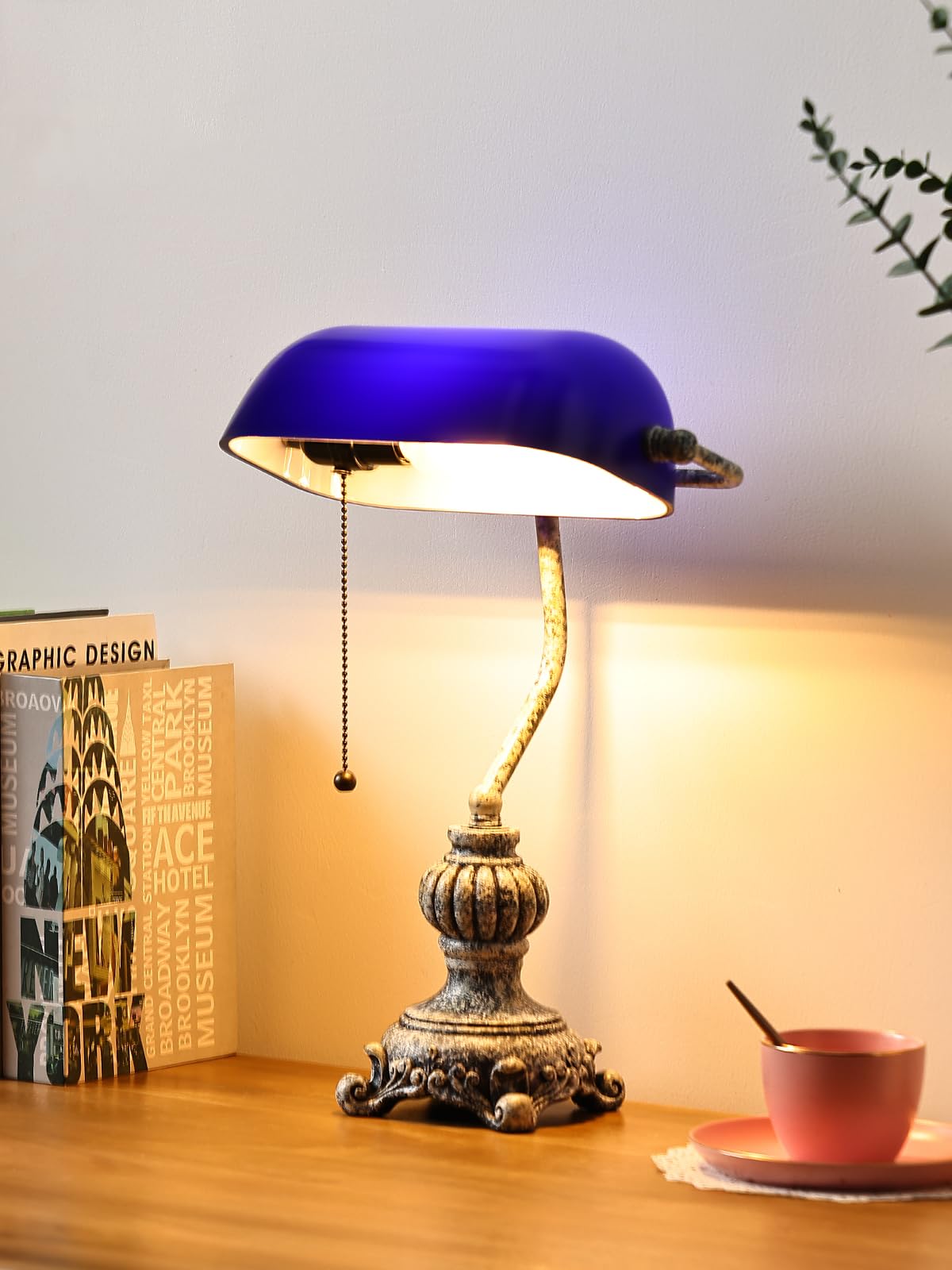 Retro Blue Glass Bankers Desk Lamp,LED Bulb Included