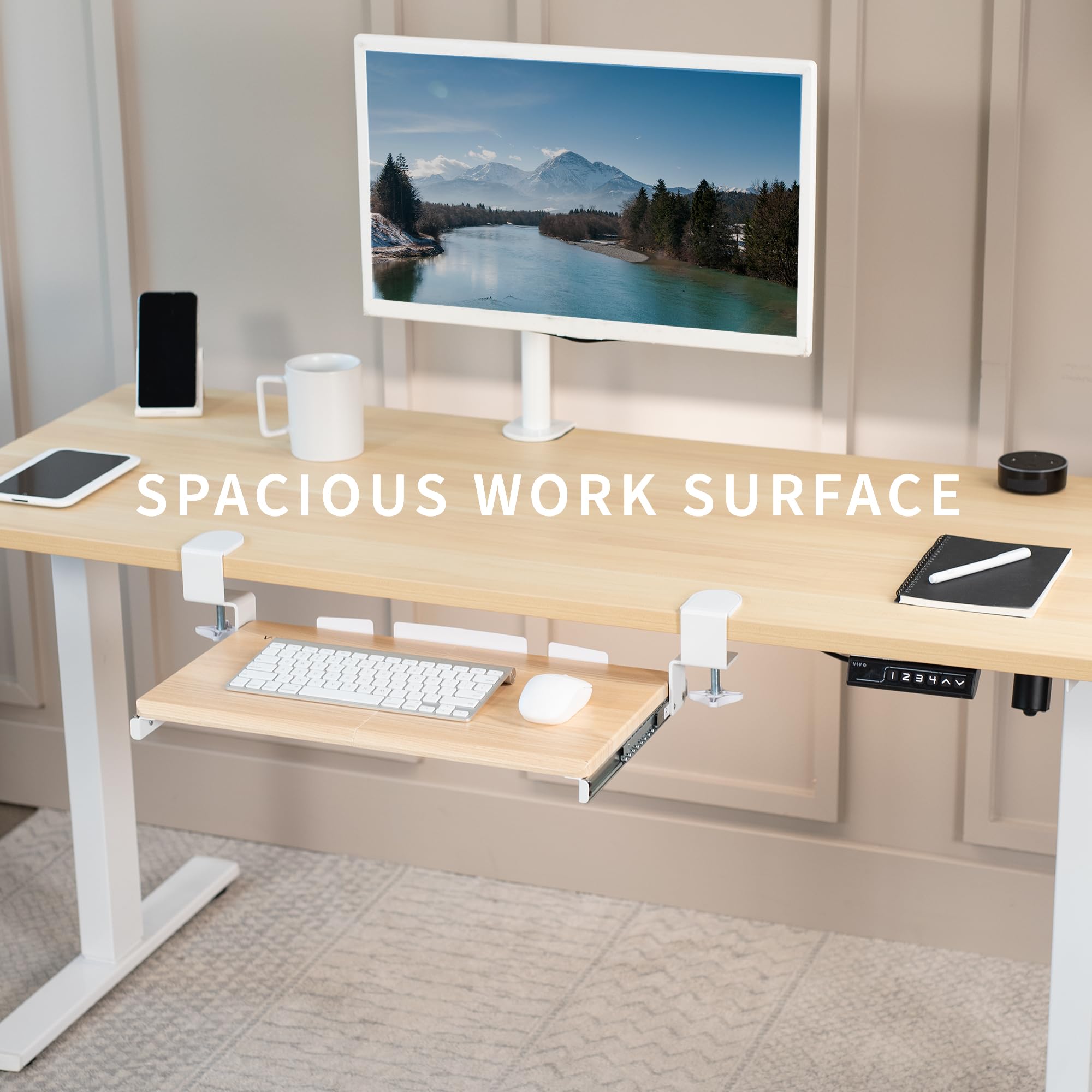 Small Clamp-on Computer Keyboard and Mouse Under Desk Slider Tray, 20 x 11 inch Pull Out Platform Drawer, Light Wood