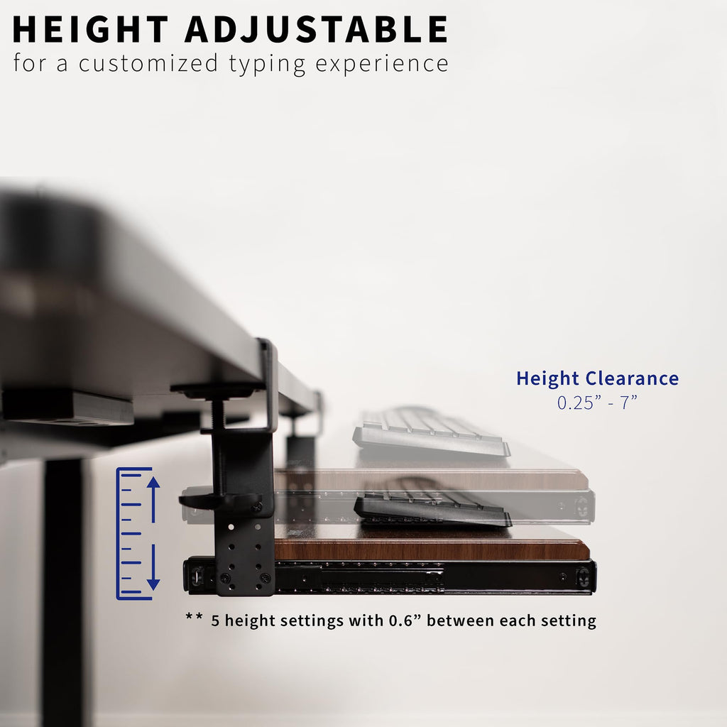 Large Height Adjustable Under Desk Keyboard Tray, C-clamp Mount System, 27 (33 Including Clamps) x 11 inch Slide-Out Platform Computer Drawer for Typing, Dark Walnut, MOUNT-KB05HD