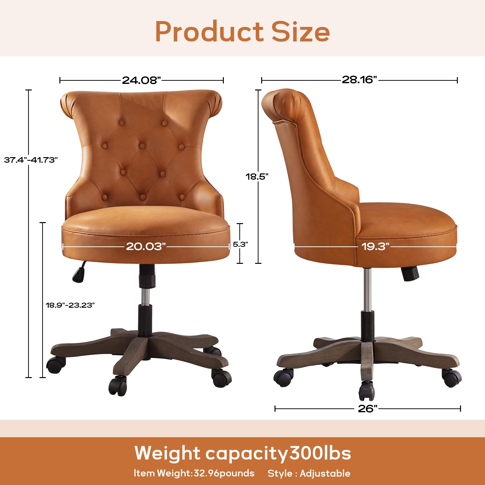 Home Office Chair Upholstered Faux Leather PU Armless Desk Chair with Wheels Adjustable Height Computer Desk Chair with Wooden Legs Comfy Swivel Chair for Study Studio (Caramel Brown)