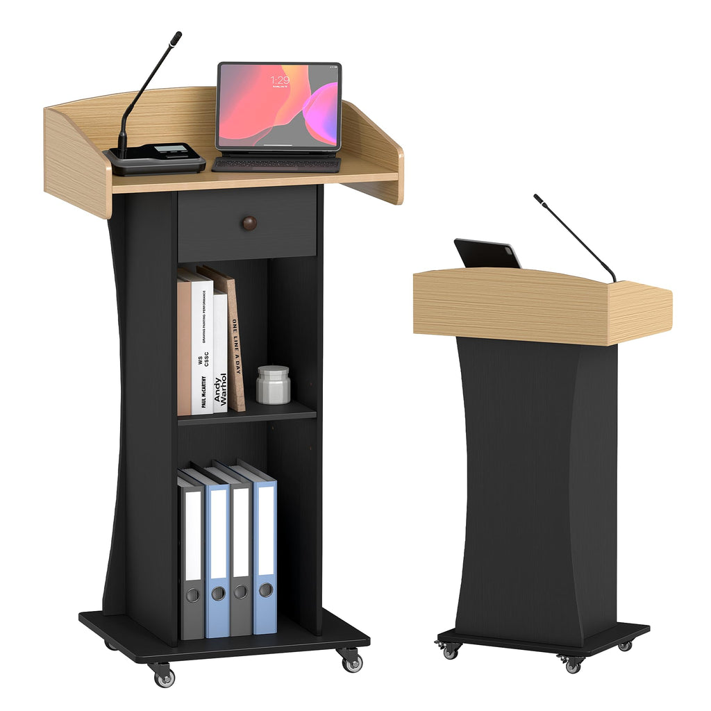Podium Stand with Metal Wheels Wooden Teacher Lectern Portable Pulpit Standing with Drawer and Adjustable Shelf Mobile Rolling Reception Podiums for Church Office Classroom Lecture Meeting,Black+Oak