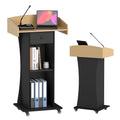 Podium Stand with Metal Wheels Wooden Teacher Lectern Portable Pulpit Standing with Drawer and Adjustable Shelf Mobile Rolling Reception Podiums for Church Office Classroom Lecture Meeting,Black+Oak