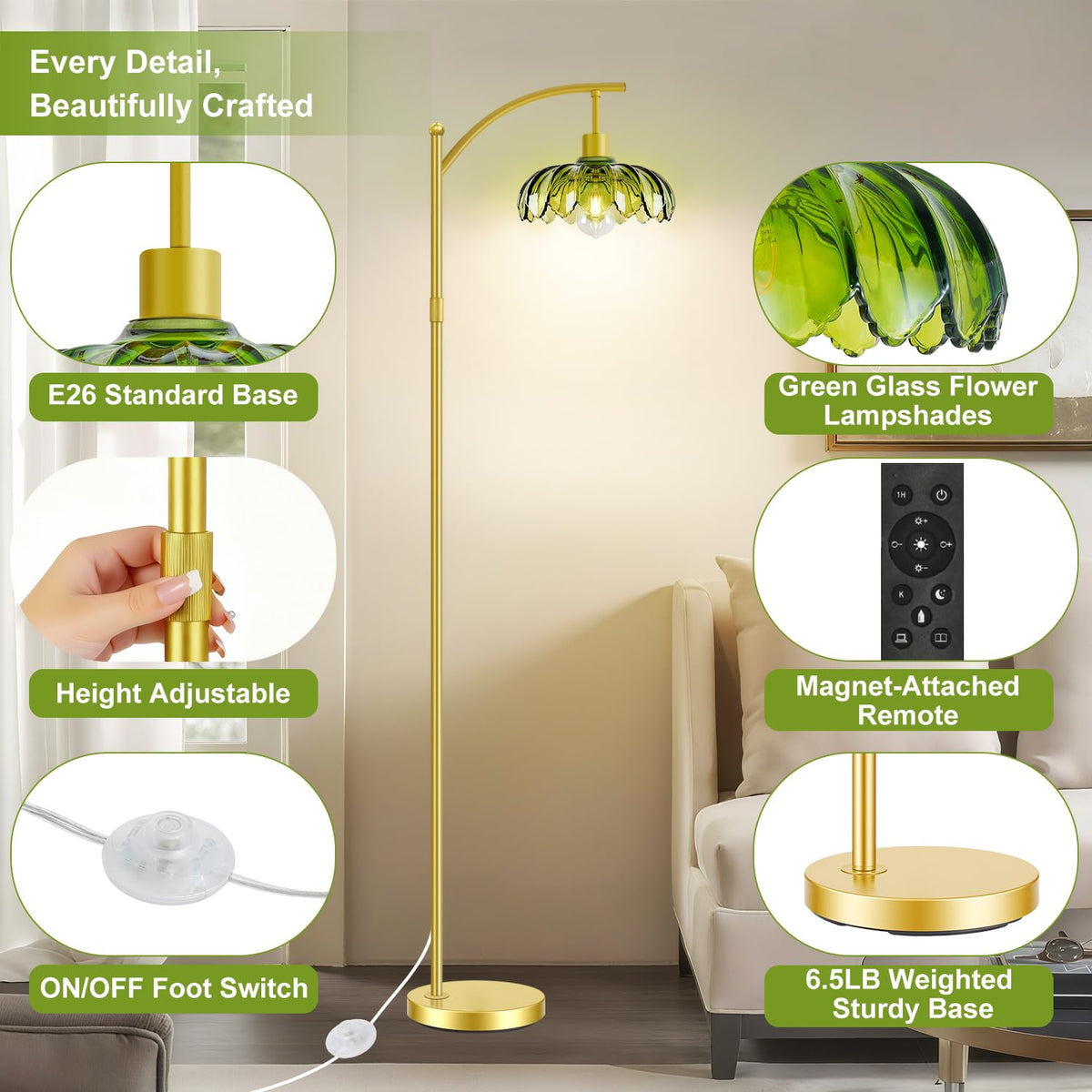 Gold Floor Lamp with Remote Control, Dimmable LED Floor Lamp with 3 Color Temperatures, Adjustable Height Vintage Standing Lamps for Living Room BedroomOffice, Green Glass Tall Lamps Gift Use
