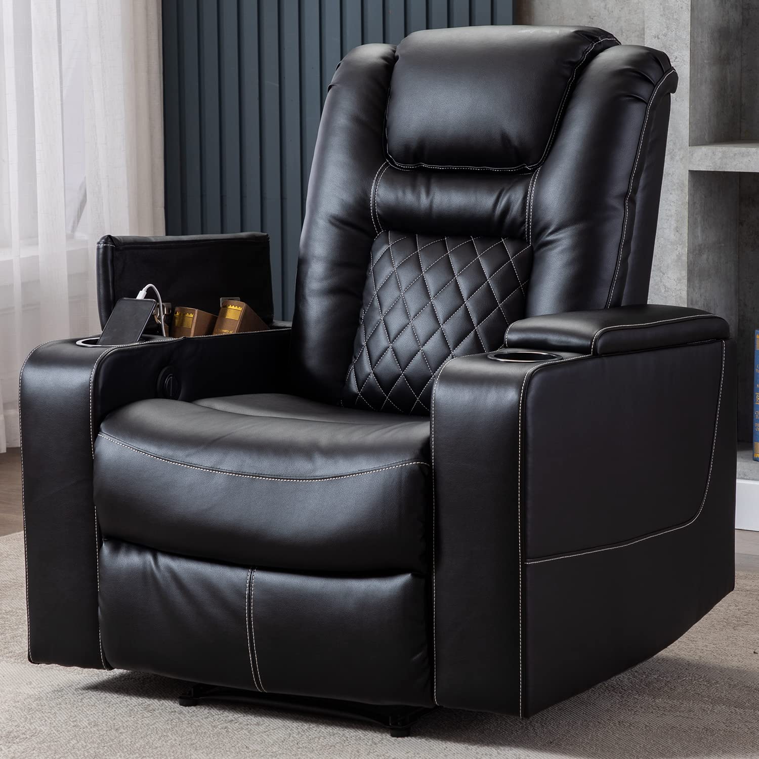 Electric Power Recliner Chair with USB Ports and Cup Holders, Breathable Leather Seating with Hidden Arm Storage (Black)