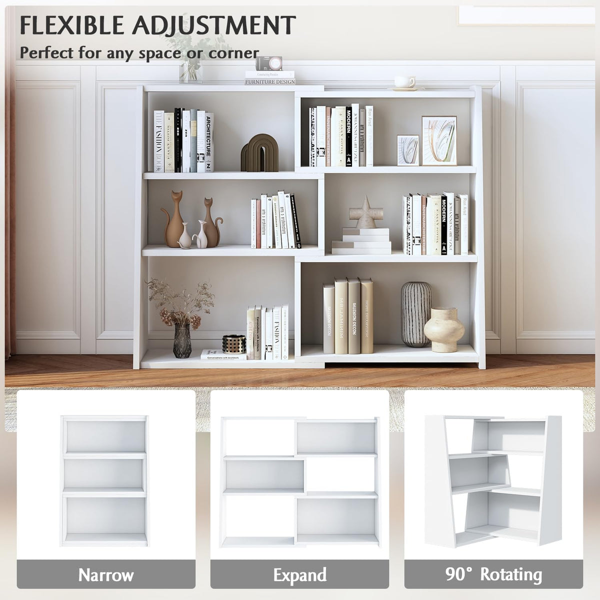 Wooden Extendable Shelf Bookcase, 3-Tier Low Bookshelf, White, S