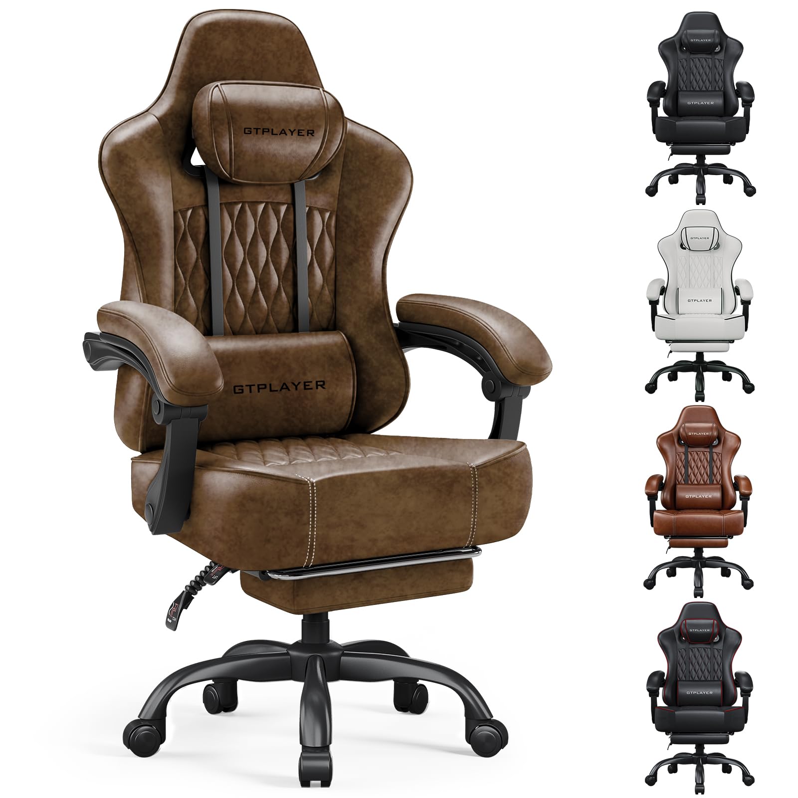 Big and Tall Gaming Chair with Footrest, Ergonomic Office Desk Chair with 4.4in Thick Cushion and Wide Wingless Seat, Comfortable Leather Computer Chair, Predator Series, Rustic Brown