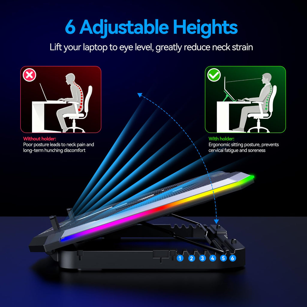 Laptop Cooling Pad with 8 Cooling Fans, Laptop Fan Cooler Pad for 15-17.3 Inch, Notebook Cooler Stand with 6 Height Adjustable, RGB Cooling Pad with Two USB Port + Phone Stand