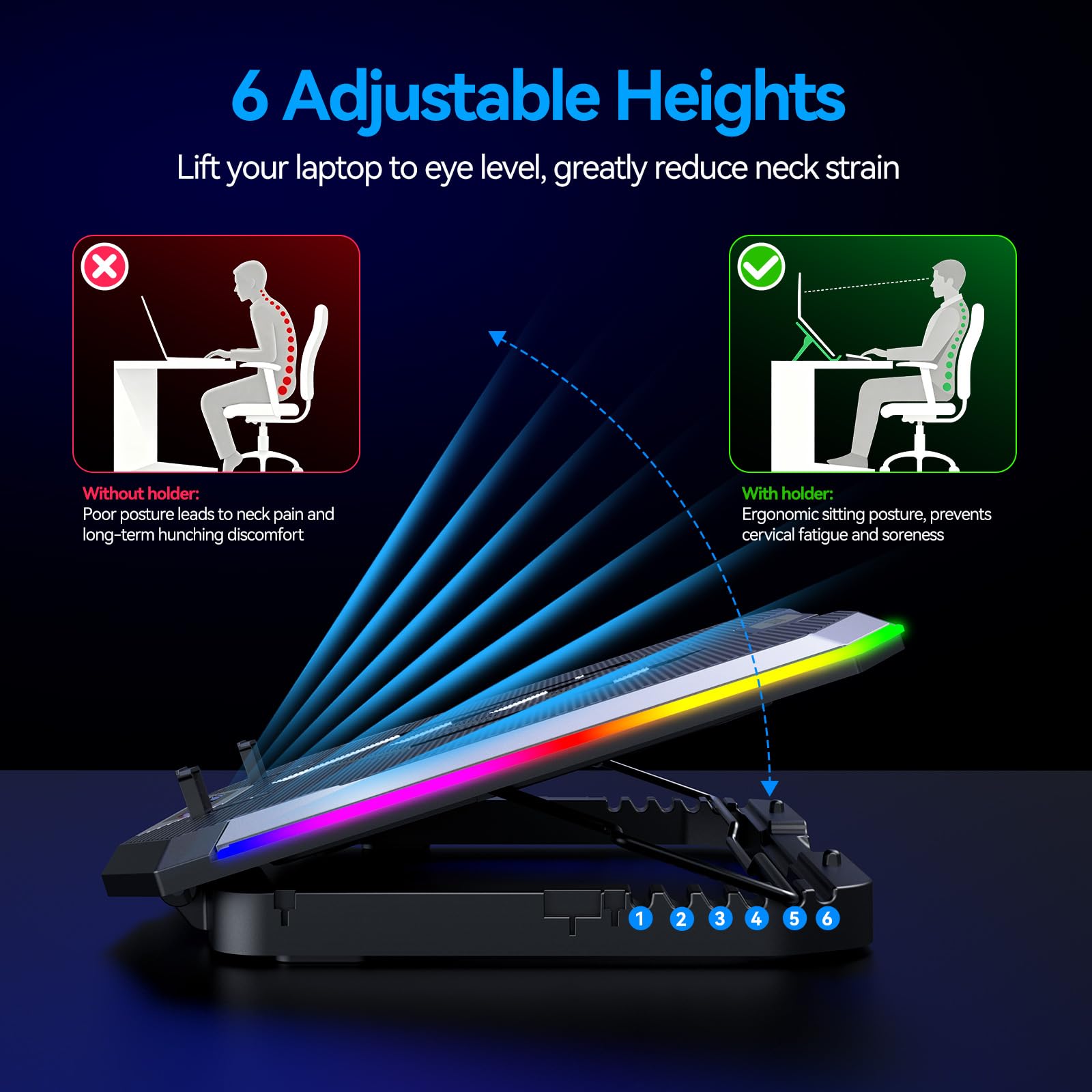 Laptop Cooling Pad with 8 Cooling Fans, Laptop Fan Cooler Pad for 15-17.3 Inch, Notebook Cooler Stand with 6 Height Adjustable, RGB Cooling Pad with Two USB Port + Phone Stand