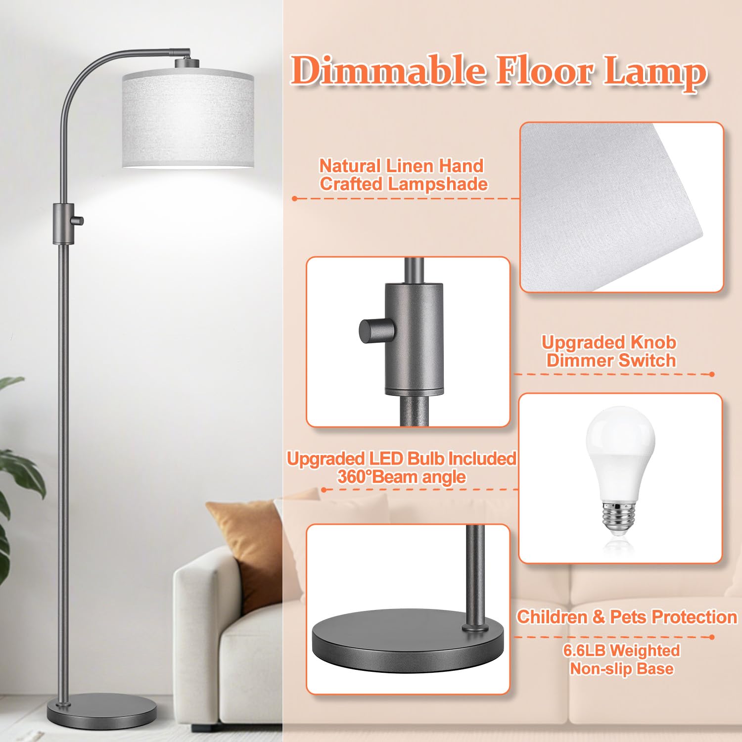 Upgraded Modern Arc Dimmable Tall Standing Floor Lamp with Gray Shade, 1200 Lumens LED Bulb Included, for Living & Reading Room, Bedroom, Office & Nursery, Gray