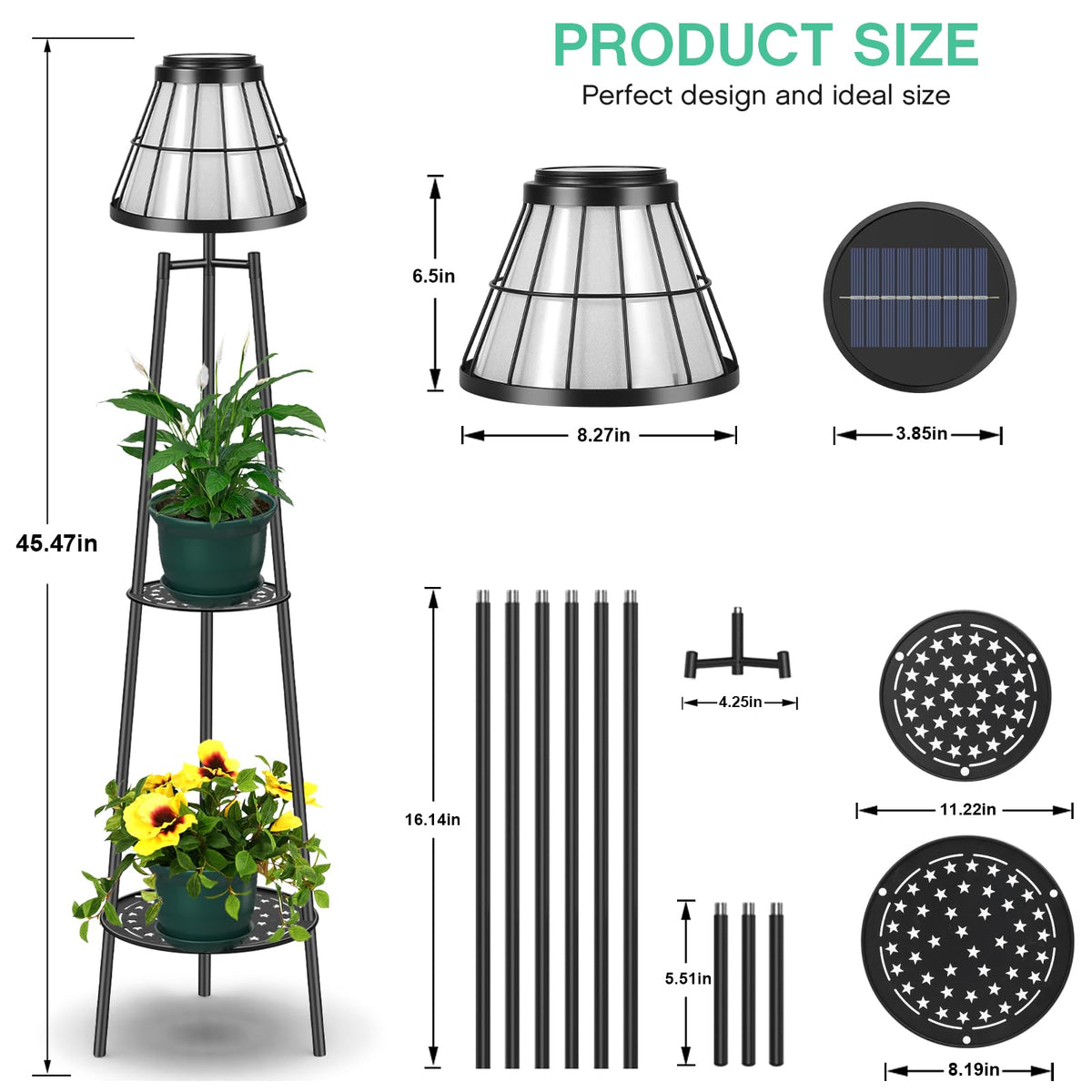 2 Pack Solar Floor Lamps Outdoor with 2-Tier Plant Stand, Metal Tall Planter Holder with Waterproof LED Lantern, Decorative Patio Light & Flower Pot Display Rack for Garden, Deck, Porch, Balcony