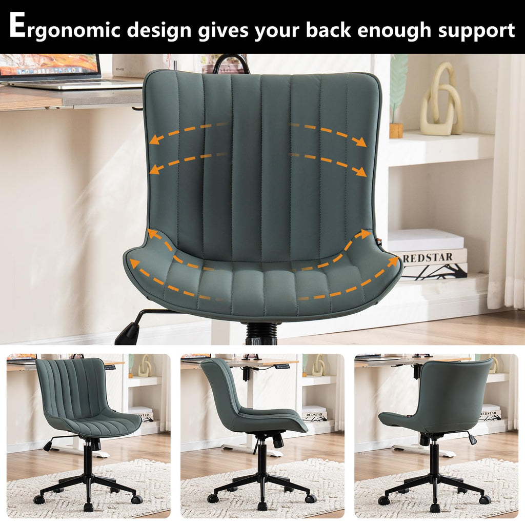 Ergonomic Armless Office Chair Faux Leather Small Cute Desk Chair with 12° Rocking Back Adjustable Height Swivel Vanity Chair Compact Computer Rolling Task Chair for Small Spaces Greyish Green