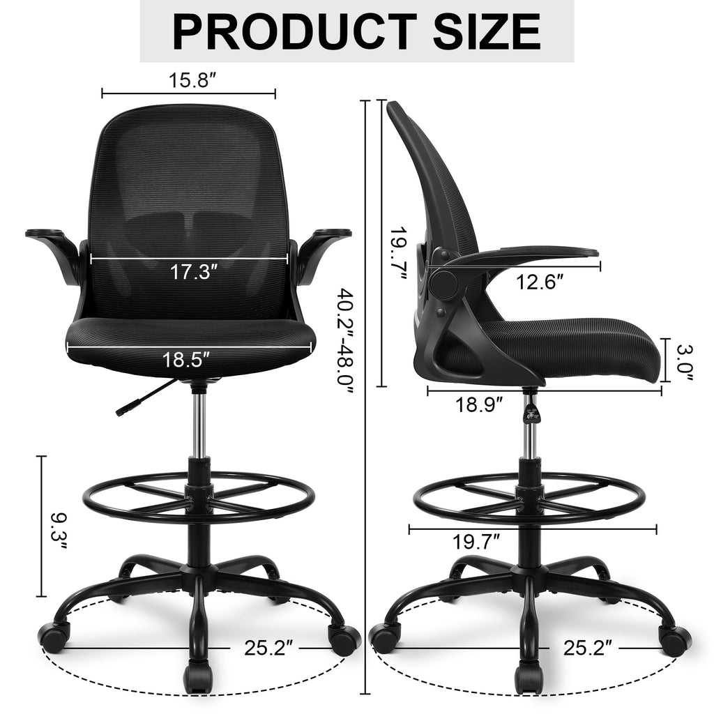 Drafting Chair Tall Office Chair with Flip-up Armrests Executive Ergonomic Computer Standing Desk Chair with Lumbar Support and Adjustable Footrest Ring (Black)
