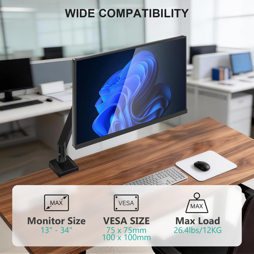Single Monitor Mount for 13-34 inch Screens, Adjustable Single Monitors Arm, Regular Screen up to 32 inch, 26.4lbs, Computer Monitor Stand for Desk, VESA 75/100mm (GSMP001N), Black