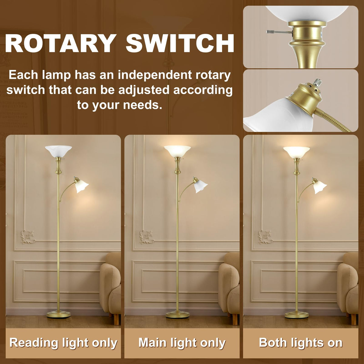 Torchiere Glod Floor Lamp with Adjustable Angle Reading Lamp-71IN