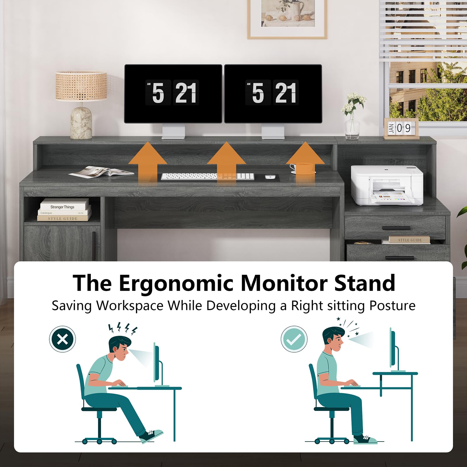 Computer Desk with 3 Drawers & Storage Shelves, 65 Inch Home Office Desk with File Drawer & Cabinet, Writing Study Desks with Monitor Stand & Printer Shelf, Dark Grey