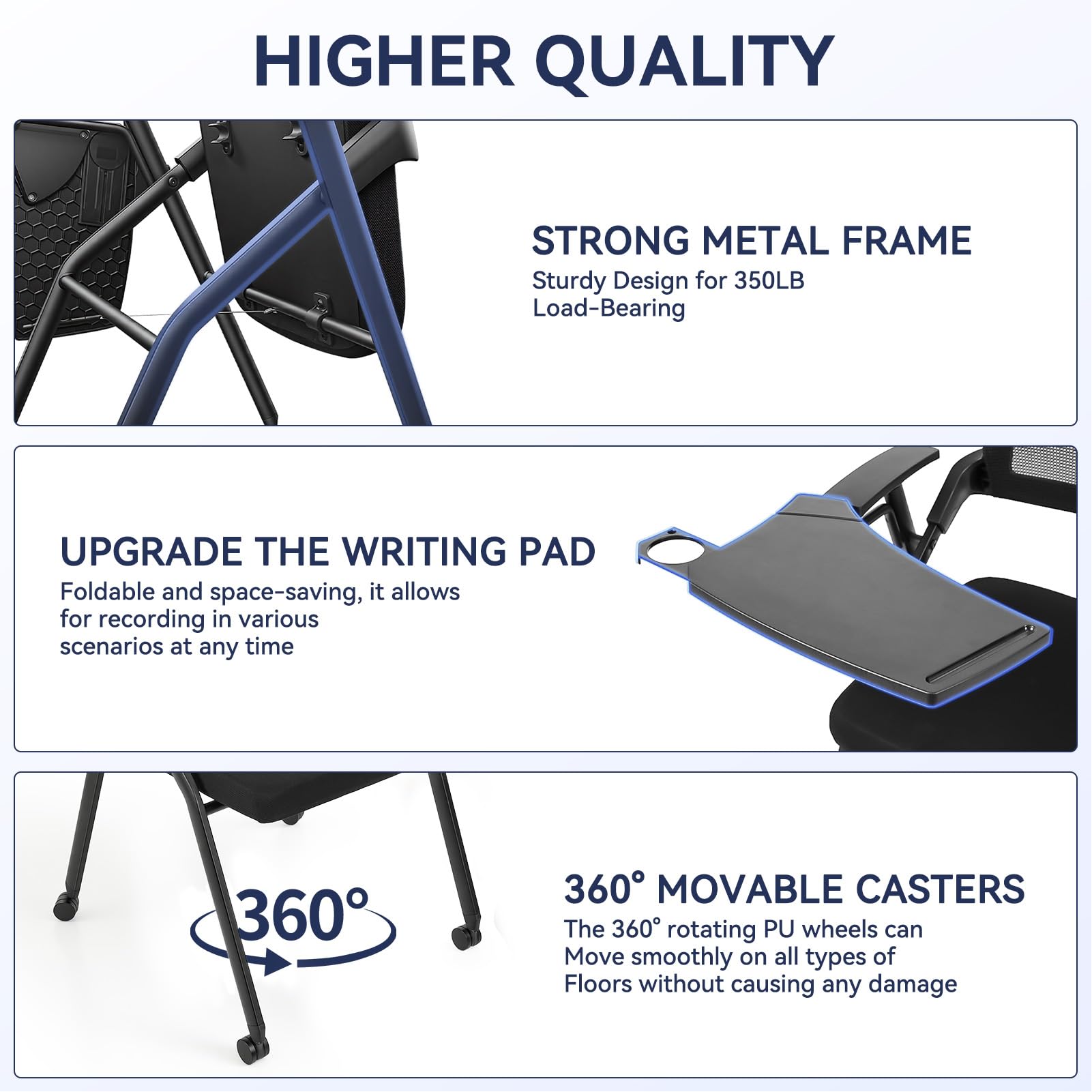 Ergonomic Foldable Office Chair with Breathable Mesh Back, Stackable Conference Chair - PU Wheels & Armrest for Guest, Meeting, Reception (Black-A2)
