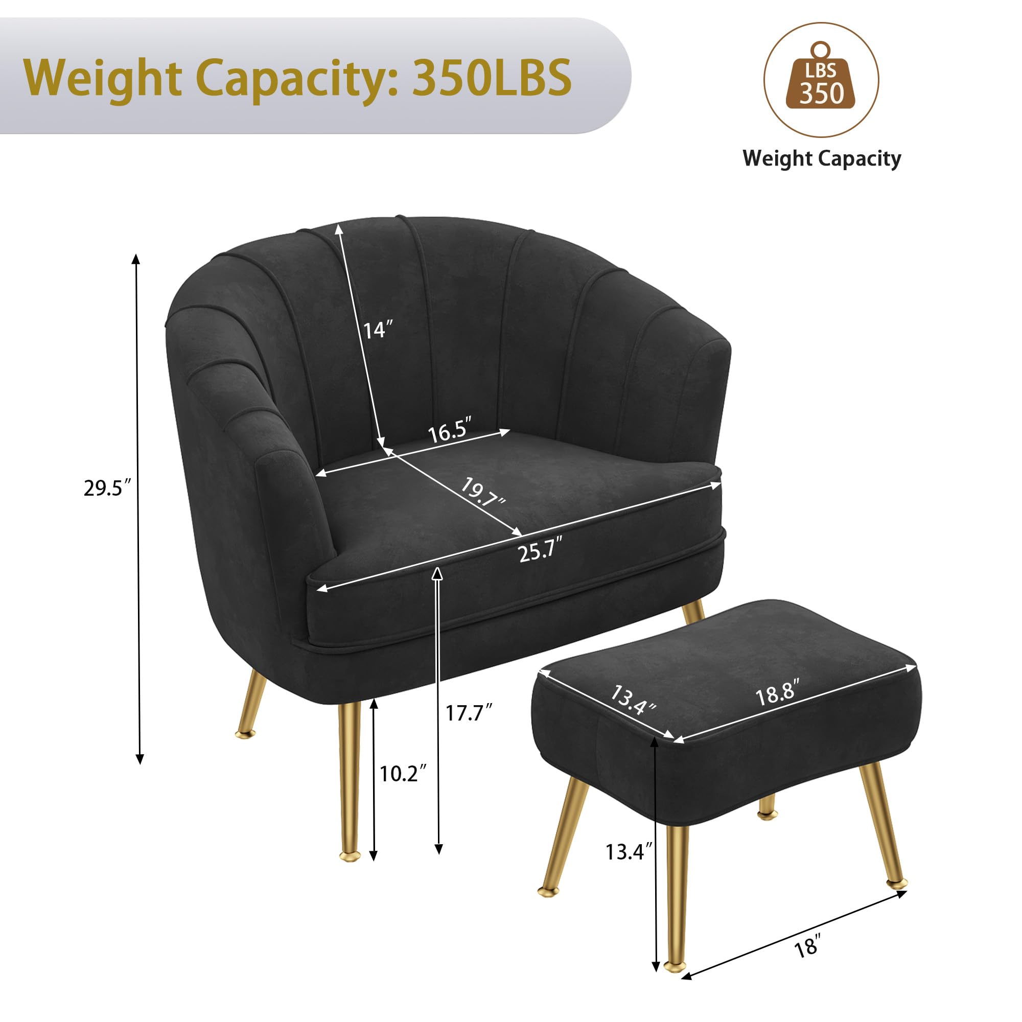 Velvet Accent Chair with Ottoman, Upholstered Modern Single Sofa Side Chair,Comfy Barrel Club Living Room Armchair with Golden Metal Legs for Office Bedroom Living Reading Room , Black