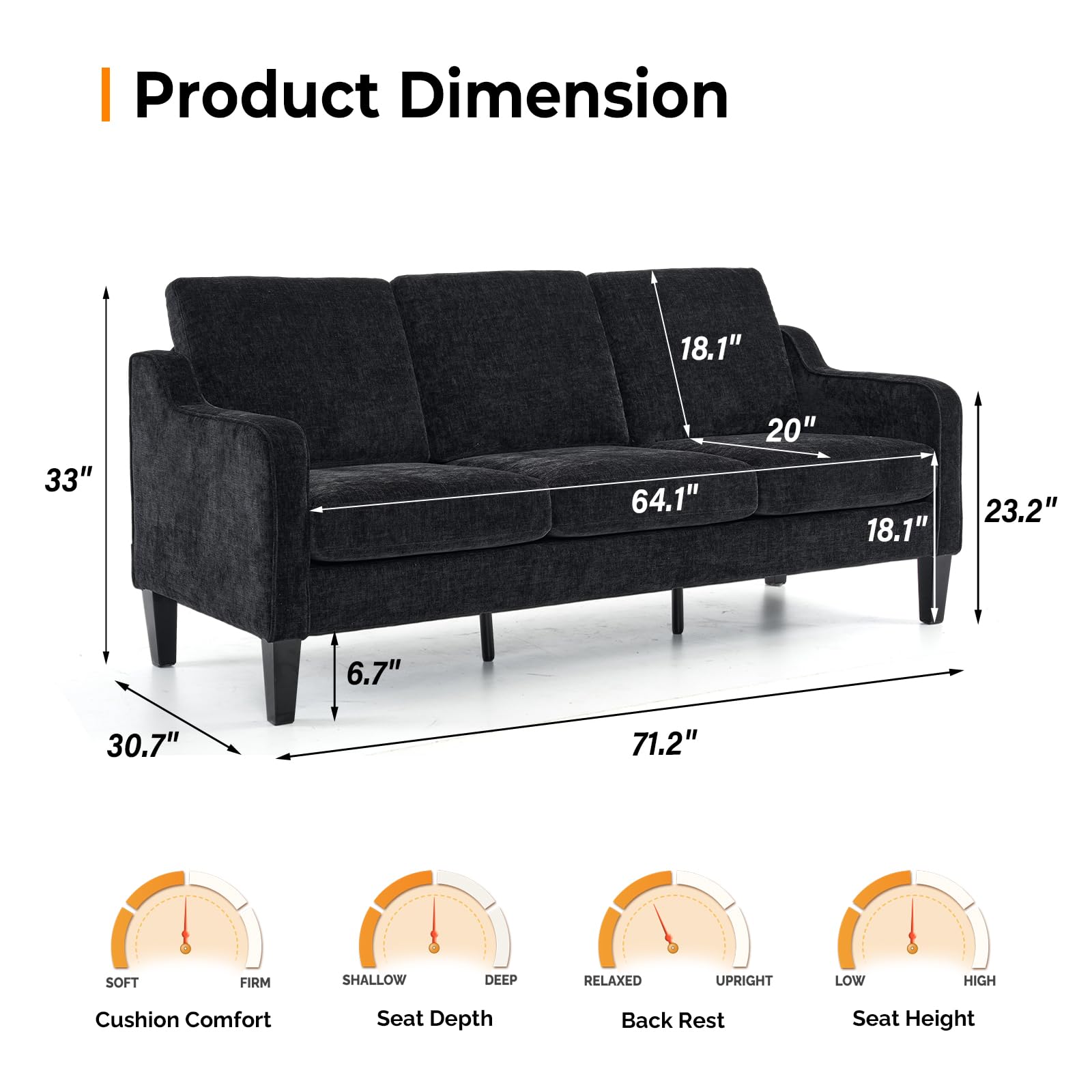 71" Small Couch Comfy 3 Seater Upholstered Chenille Sofa Mid-Century Modern Floor Sofas for Small Spaces, Bedroom, Apartment, Lounge, Office