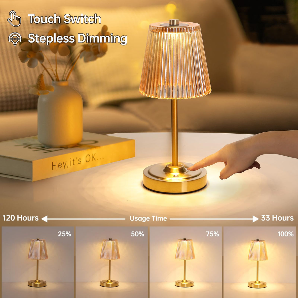 Set of 2 Cordless Touch Table Lamp with 5200mAh Battery - 3 Adjustable Color Temperatures & Dimmable, Rechargeable Lamp for Bedsides, Living Room, Entryway, Bookshelves (Amber Stripe)