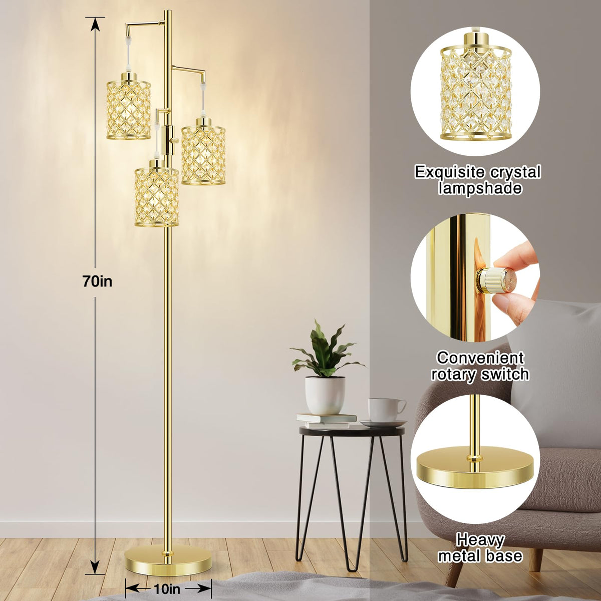 Morden Gold Crystal Floor Lamps for Living Room, 3-Light Standing Tall Lamp with Elegant K9 Crystal Shade & Rotary Switch, Modern Corner Floor Lamp for, Bedroom, Home Office, Reading