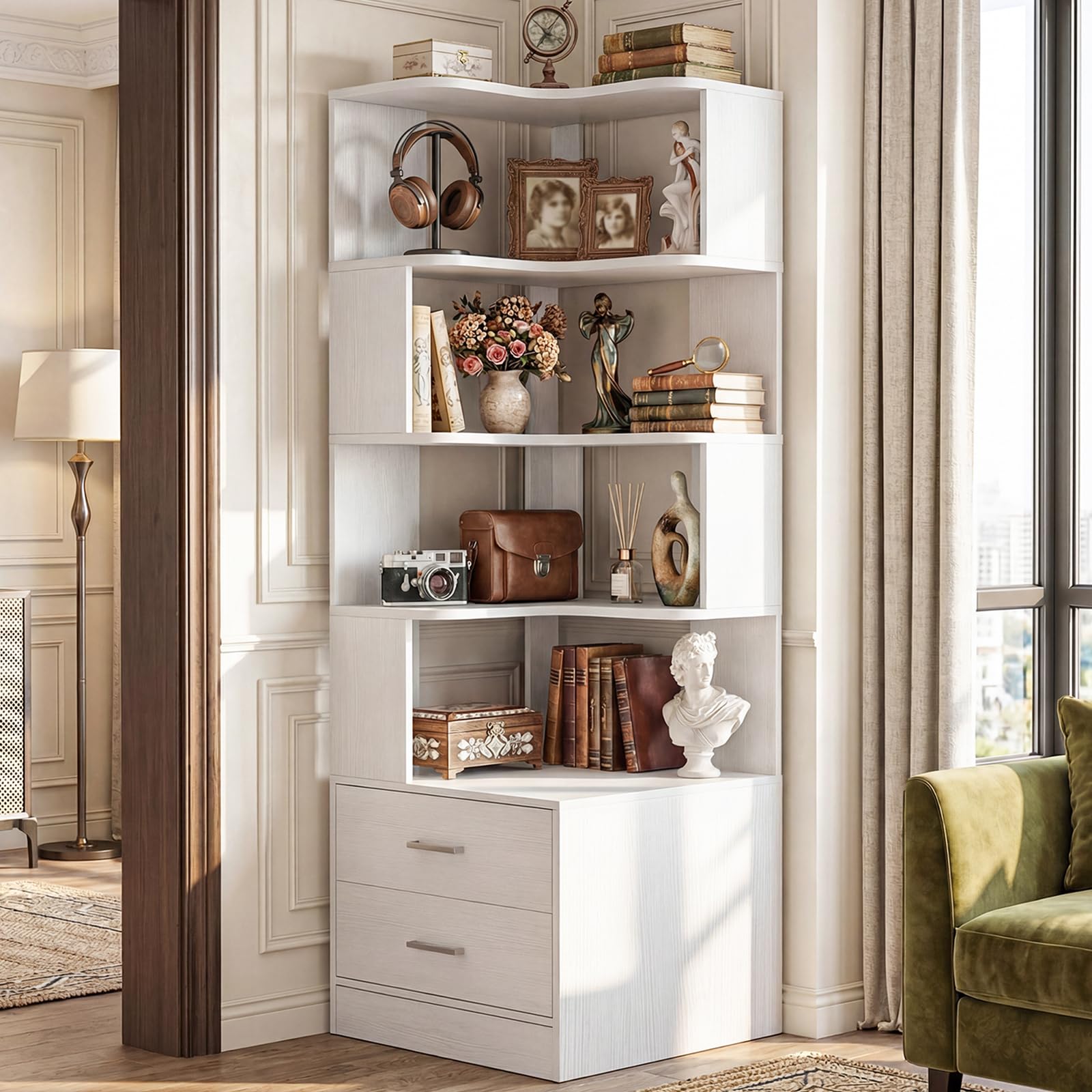 Corner Book Shelf with Drawers, Small Corner Shelf with Drawers