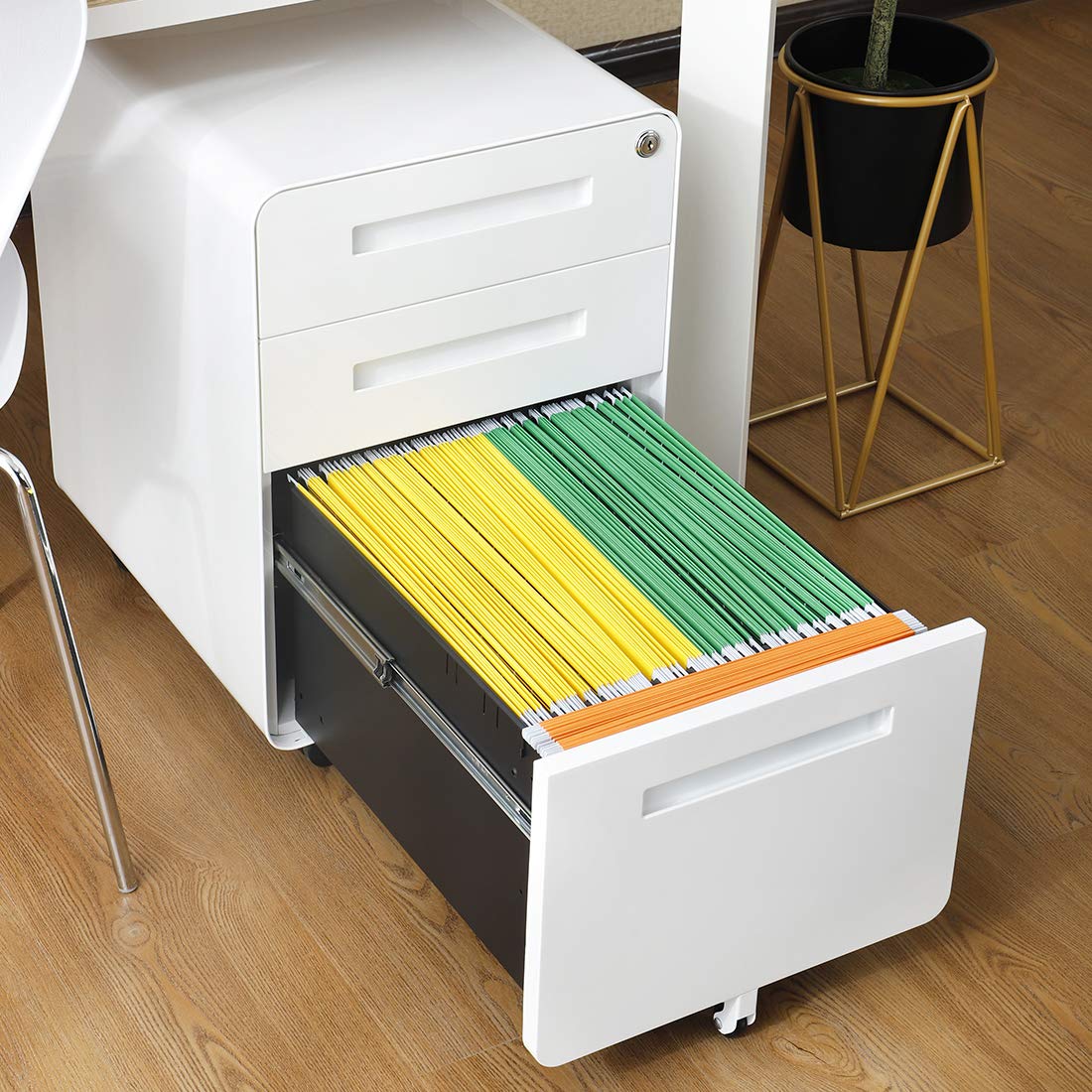 3 Drawer File Cabinet for Office, Under Desk Mobile Filing Cabinet with Lock for A4/Letter/Legal Size, 5 Wheel Anti-tilt Rolling File Cabinets, Fully Assembled