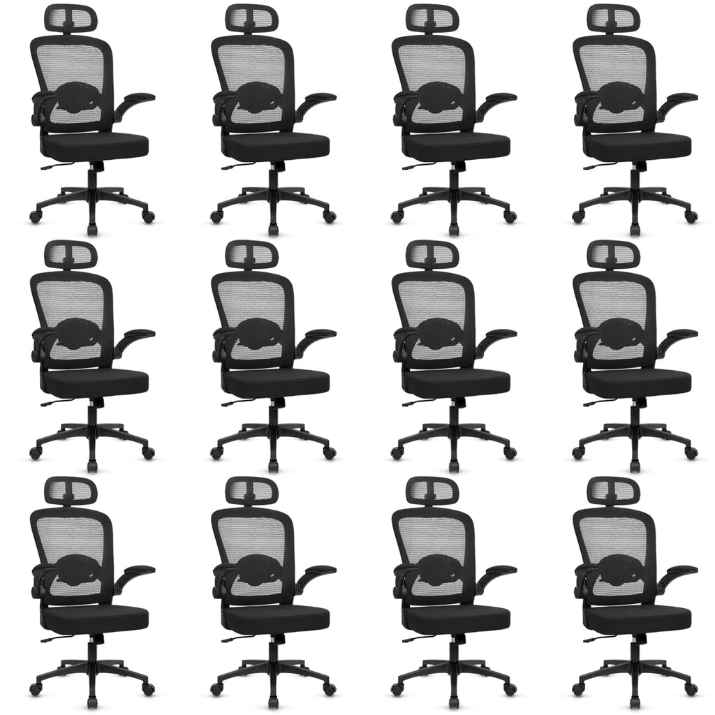 Desk Chairs with Wheels, Ergonomic Mesh Back Home Office Chair with Headrest, Adjustable Lumbar Support Swivel Rolling Computer Chairs Flip Up Arms for Conference Meeting Room, Black, 12PK
