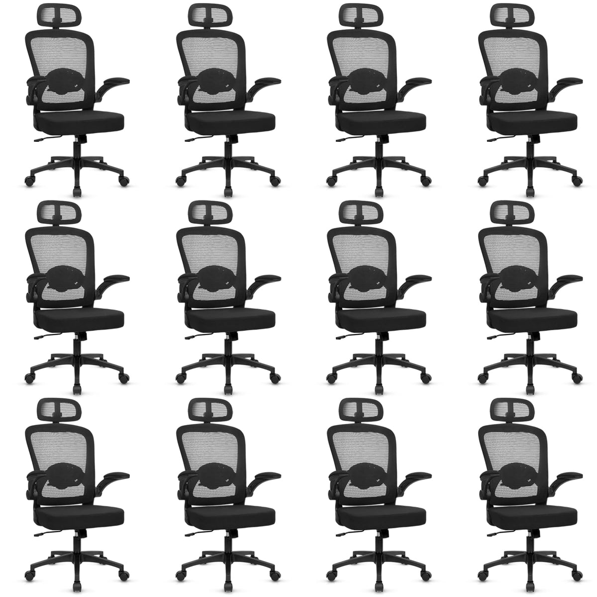 Desk Chairs with Wheels, Ergonomic Mesh Back Home Office Chair with Headrest, Adjustable Lumbar Support Swivel Rolling Computer Chairs Flip Up Arms for Conference Meeting Room, Black, 12PK