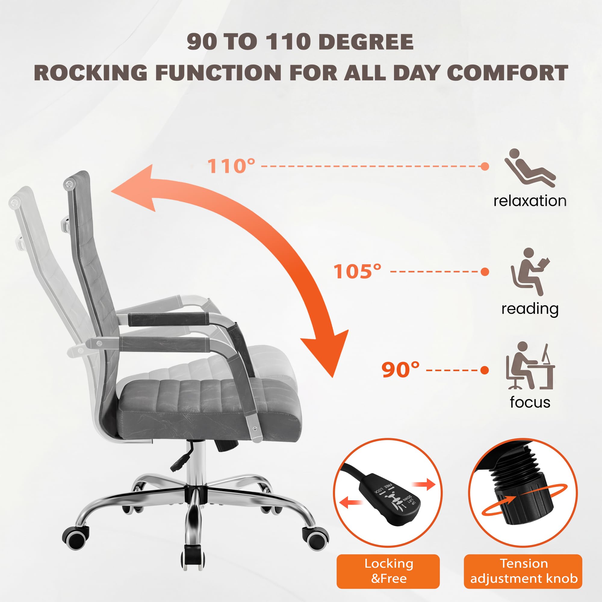 (2, Bicolor Vintage Grey) Ergonomic Office Desk Chair, Executive Ribbed Mid-Back PU Leather Conference Room Chair Adjustable Swivel Chair with Arms