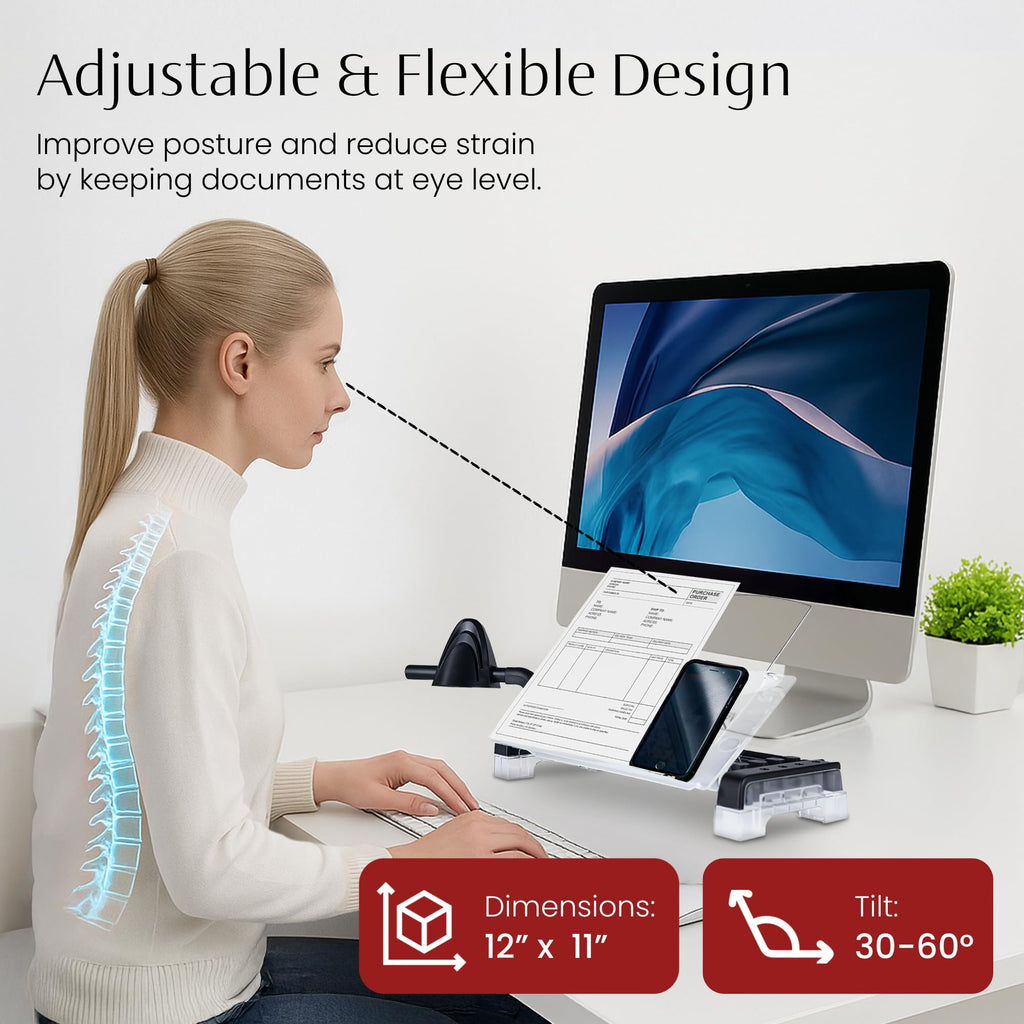 Adjustable in-Line Document Holder for Typing | Reduces Neck Strain, Improves Focus, Boosts Desk Organization, and Workflow | Paper Holder Stand for Desk and Home Office - White