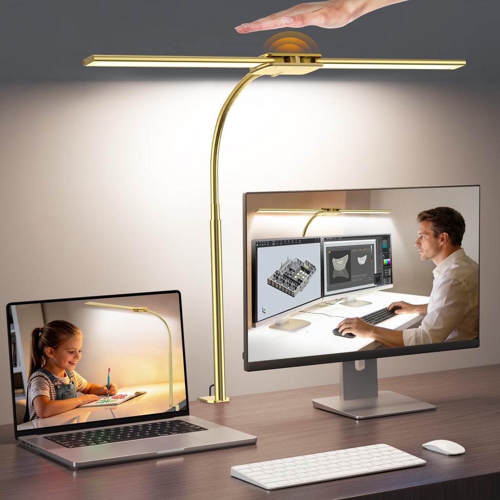 LED Desk Lamp for Office, Dual Head Eye-Care Architect Table Lamp, Gesture/Wired Control, Flexible Neck, Bright Desk Light with Memory/Timer, 50 Lighting Modes for Study, Drafting, Gold