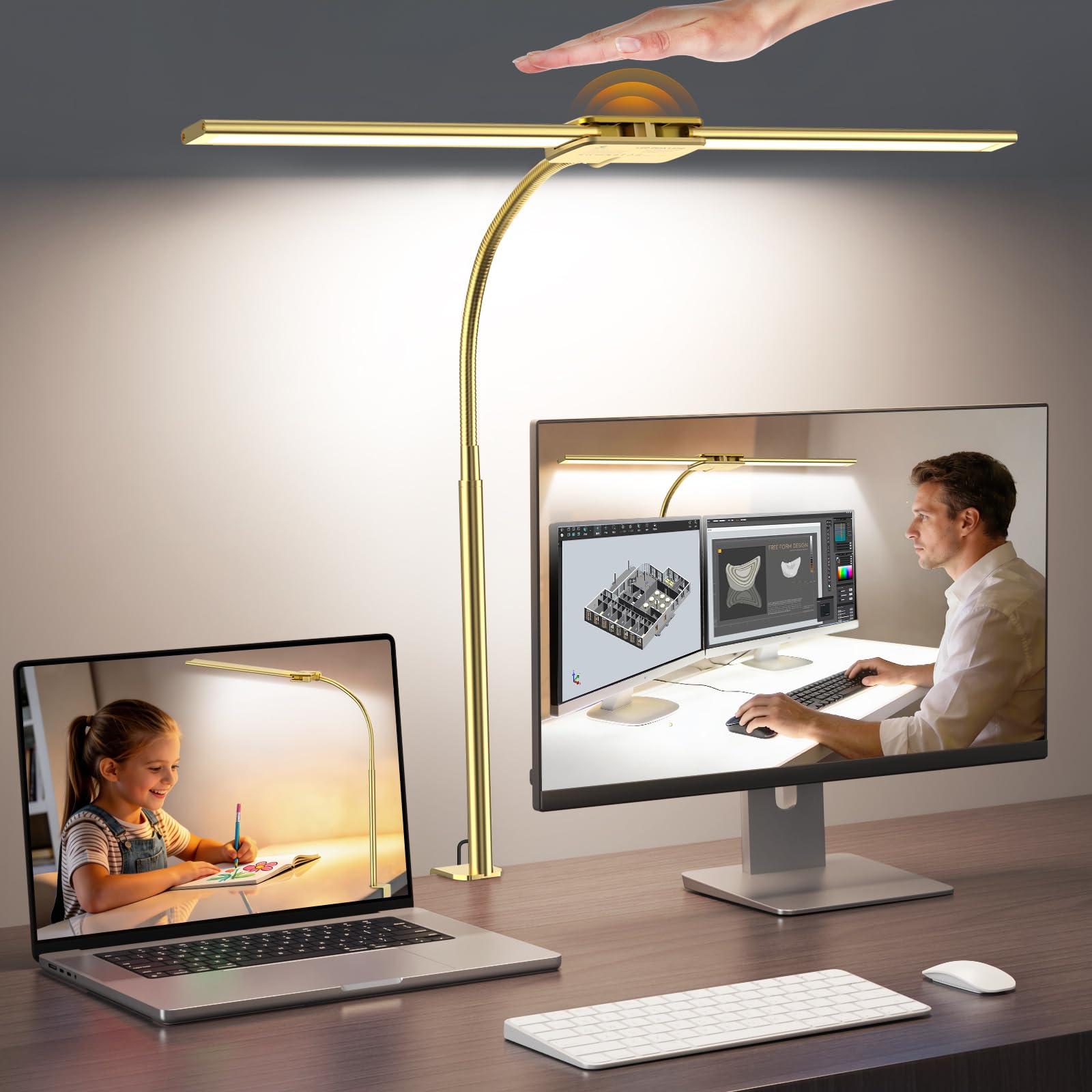 LED Desk Lamp for Office, Dual Head Eye-Care Architect Table Lamp, Gesture/Wired Control, Flexible Neck, Bright Desk Light with Memory/Timer, 50 Lighting Modes for Study, Drafting, Gold
