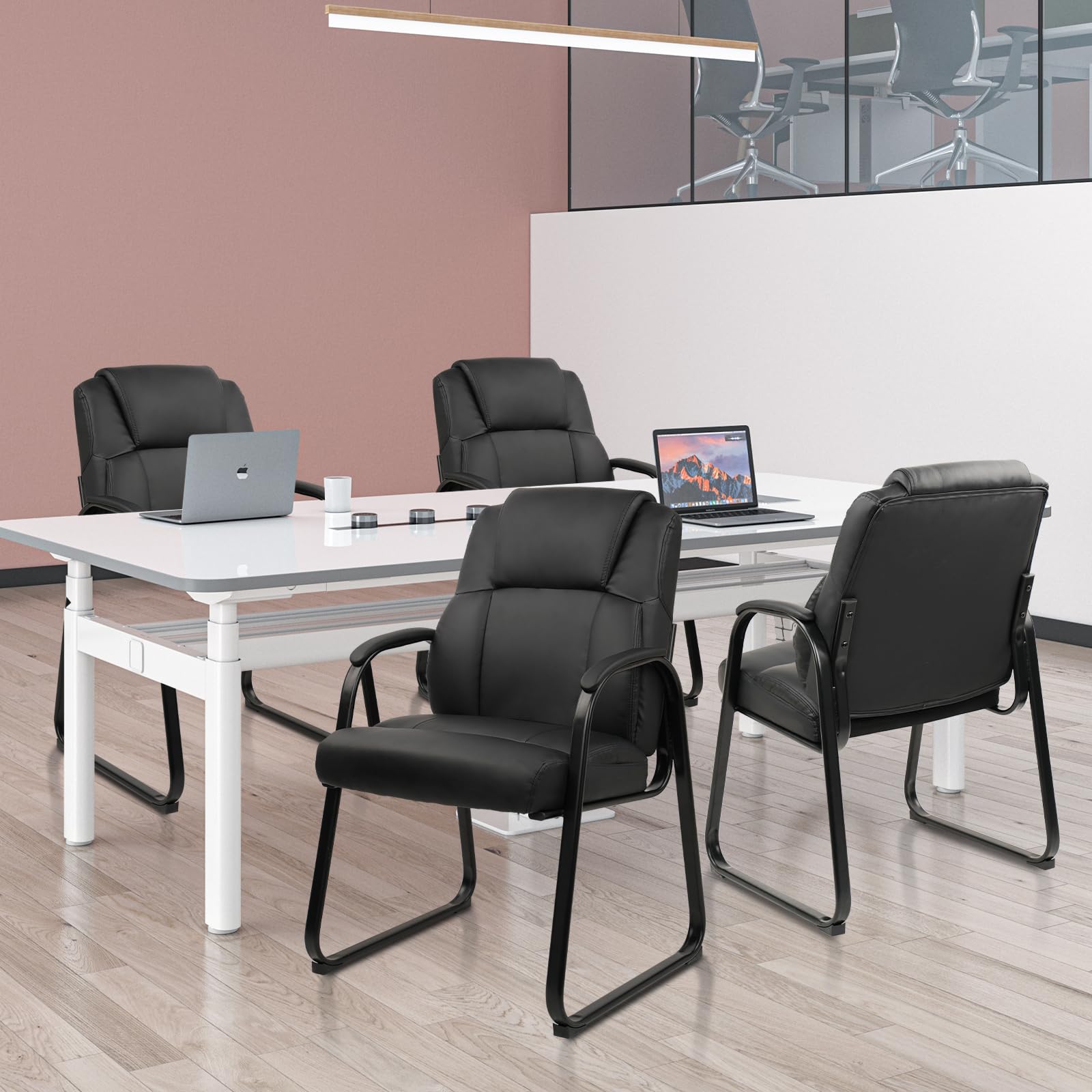 4 Pack, Leather Guest Chair with Padded Arm Rest for Reception Meeting Conference and Waiting Room Side Office Home Black with Sled Base