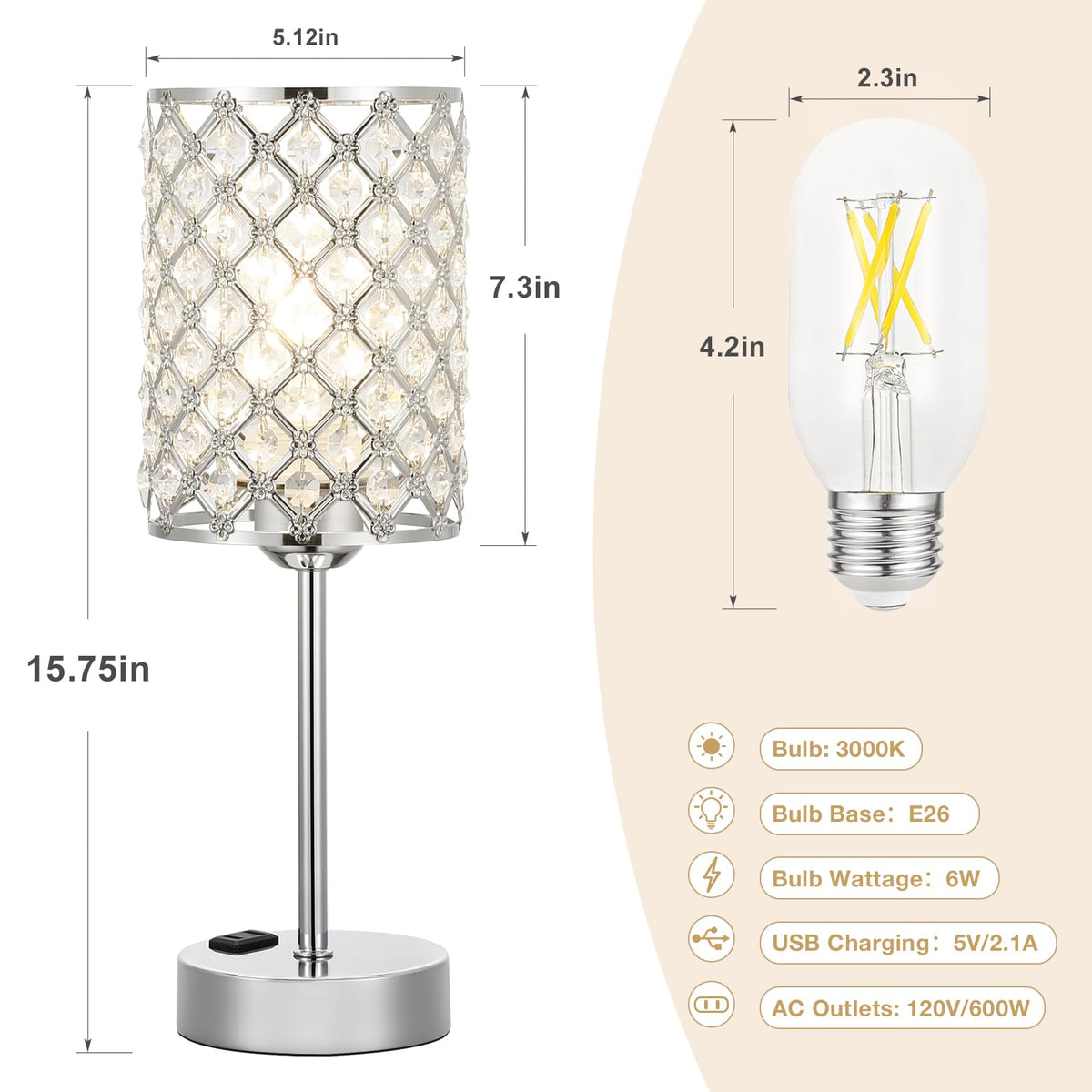 Sliver Crystal Table Lamp with Touch Control, Bedside Lamp for Nightstand