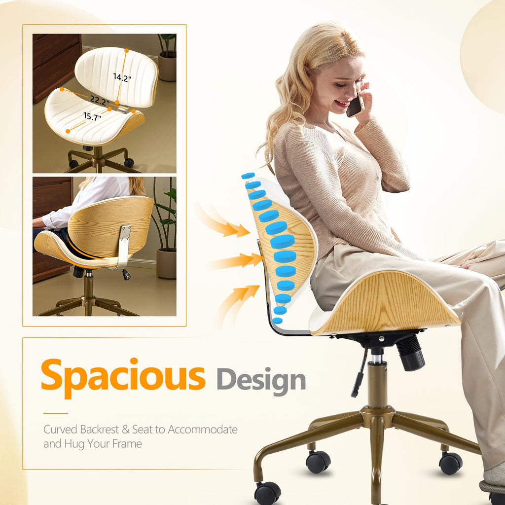 Wide Comfotable Swivel Home Office Chair with Wood-Grain Curved Shell,Ergomomic Mid-Back Padded Armless Rolling Desk Chair with Wheels,Height Adjustable for Computer,Task,Work,PU Leather,White