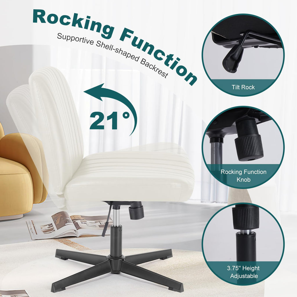 Criss Cross Legged Chairs Armless No Wheels Wide Seat Height Adjustable Swivel Padded PU Leather Home Office Desk Chair for Bedroom, Student, Study Room,Beige
